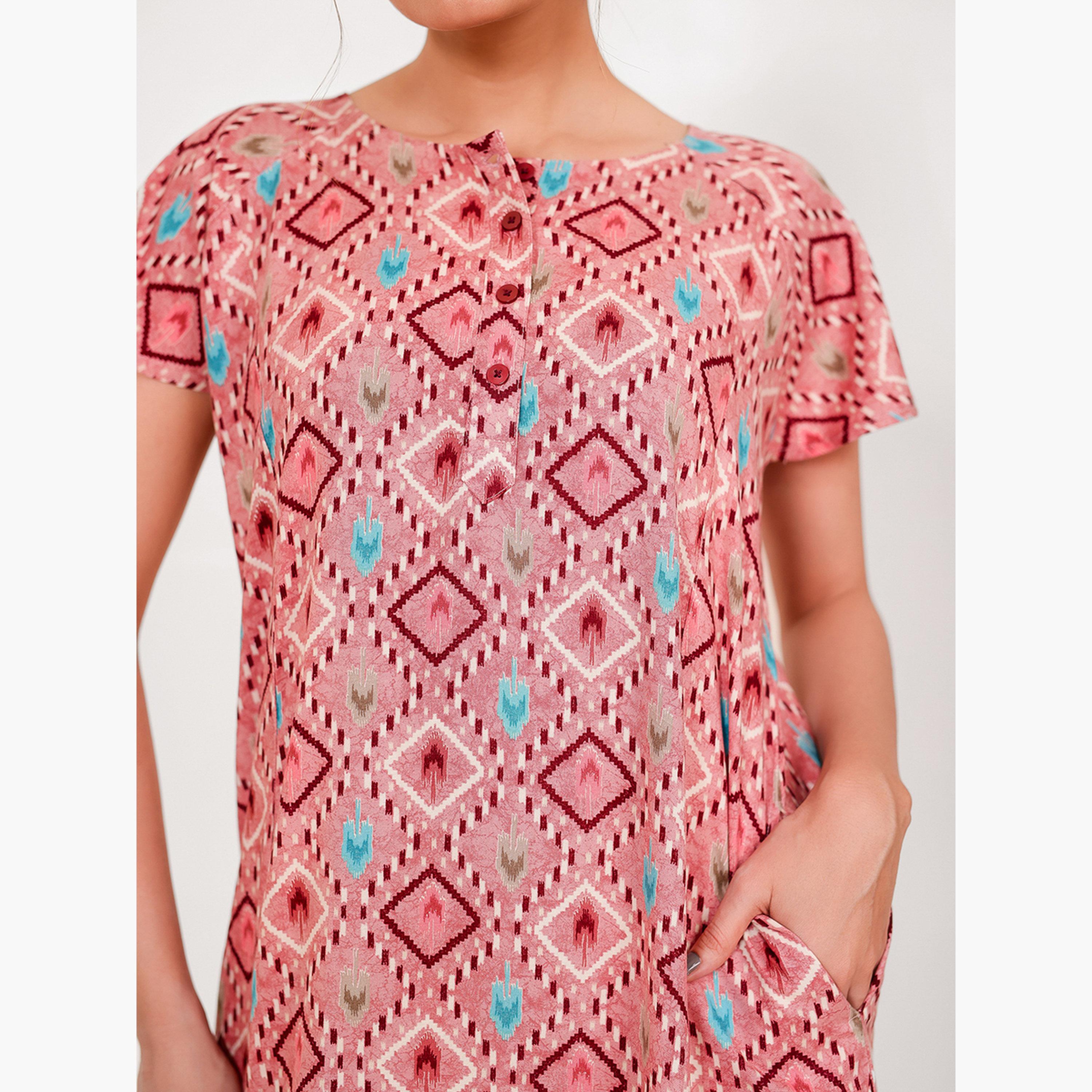 The Kaftan Company X Styli Pink Ikat Print Viscose Rayon Nightdress-women-clothing-nightwear-nighties-image-5