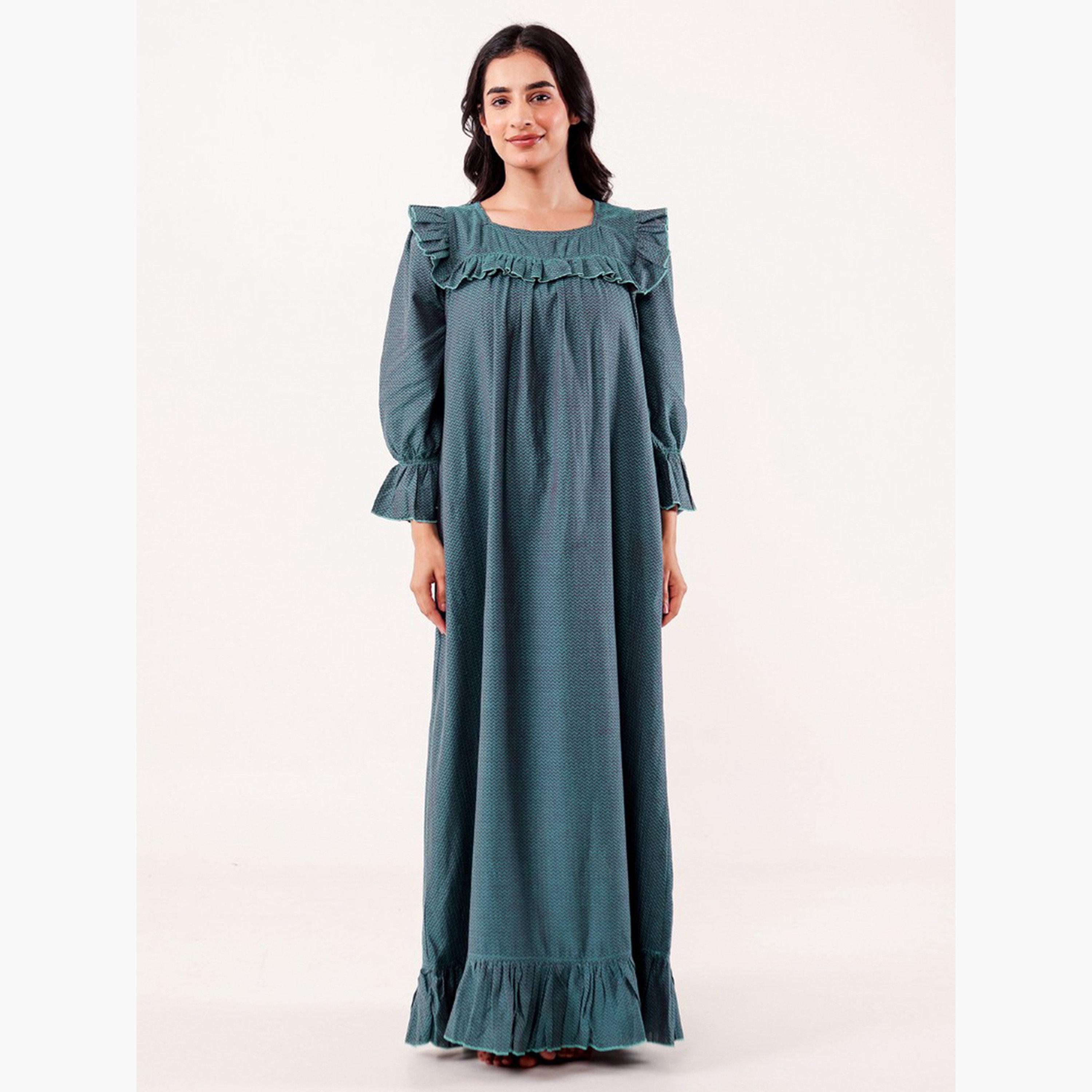 The Kaftan Company X Styli Teal Chevron Printed Cotton Nightdress-women-clothing-nightwear-nighties-image-1