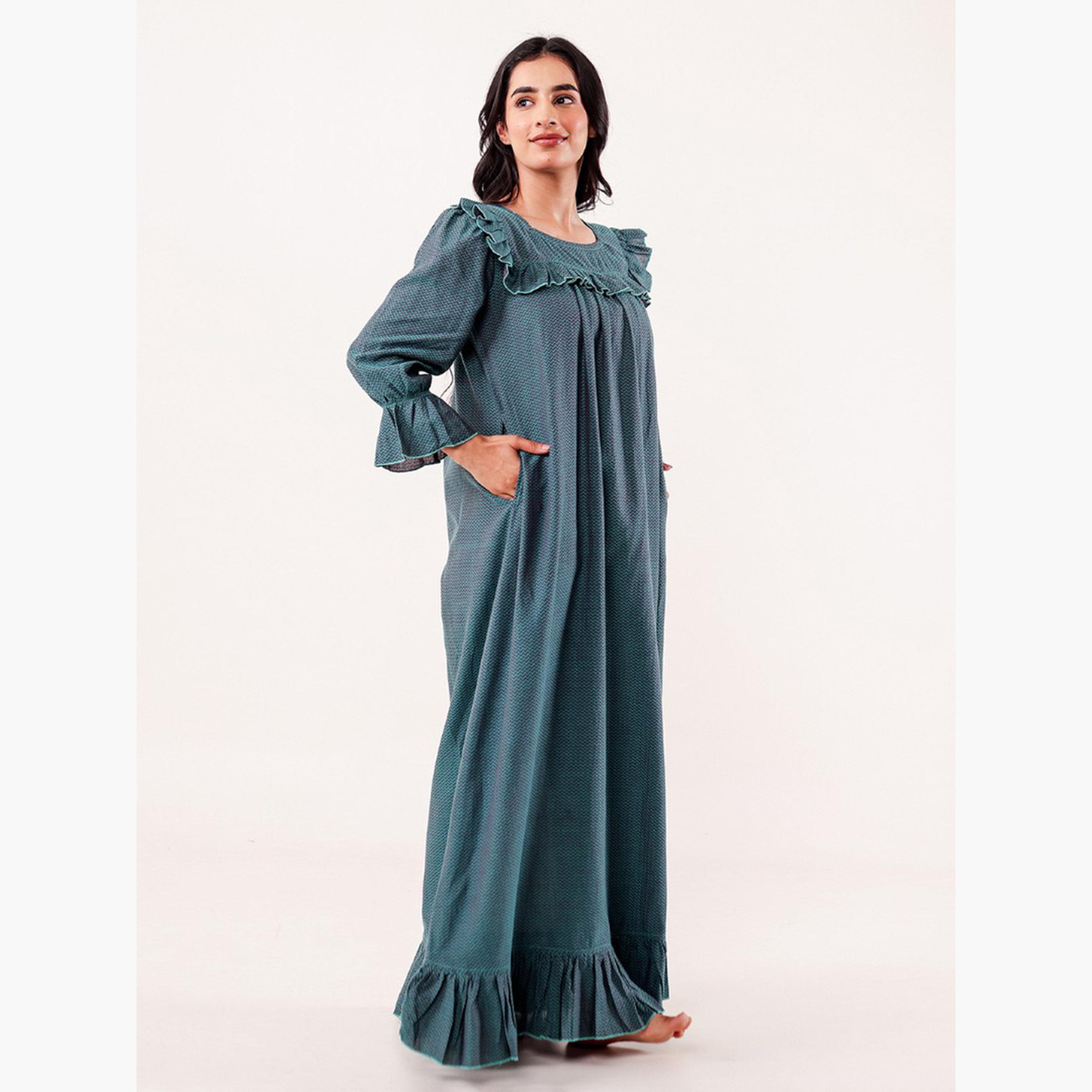 The Kaftan Company X Styli Teal Chevron Printed Cotton Nightdress-women-clothing-nightwear-nighties-image-2