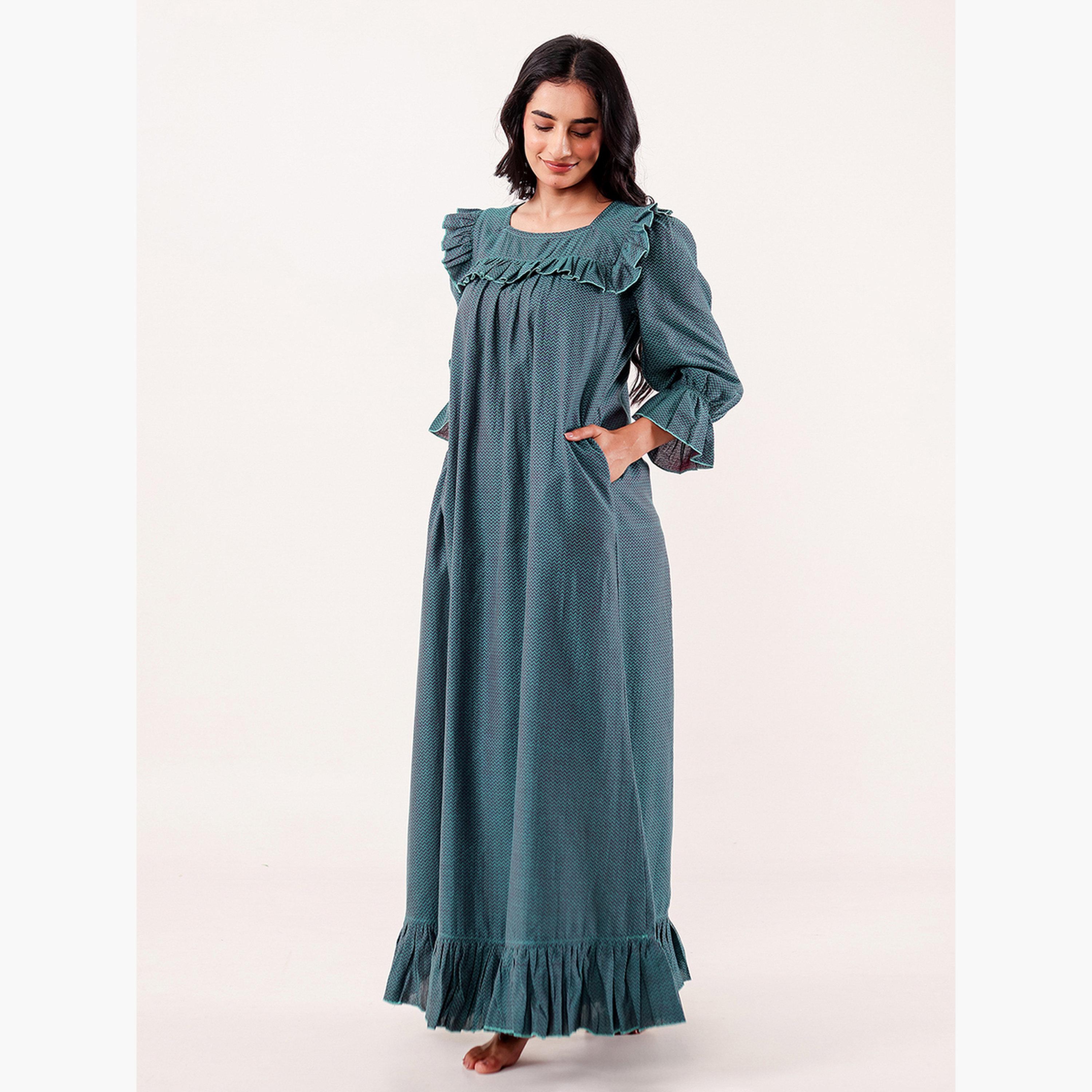 The Kaftan Company X Styli Teal Chevron Printed Cotton Nightdress-women-clothing-nightwear-nighties-image-3