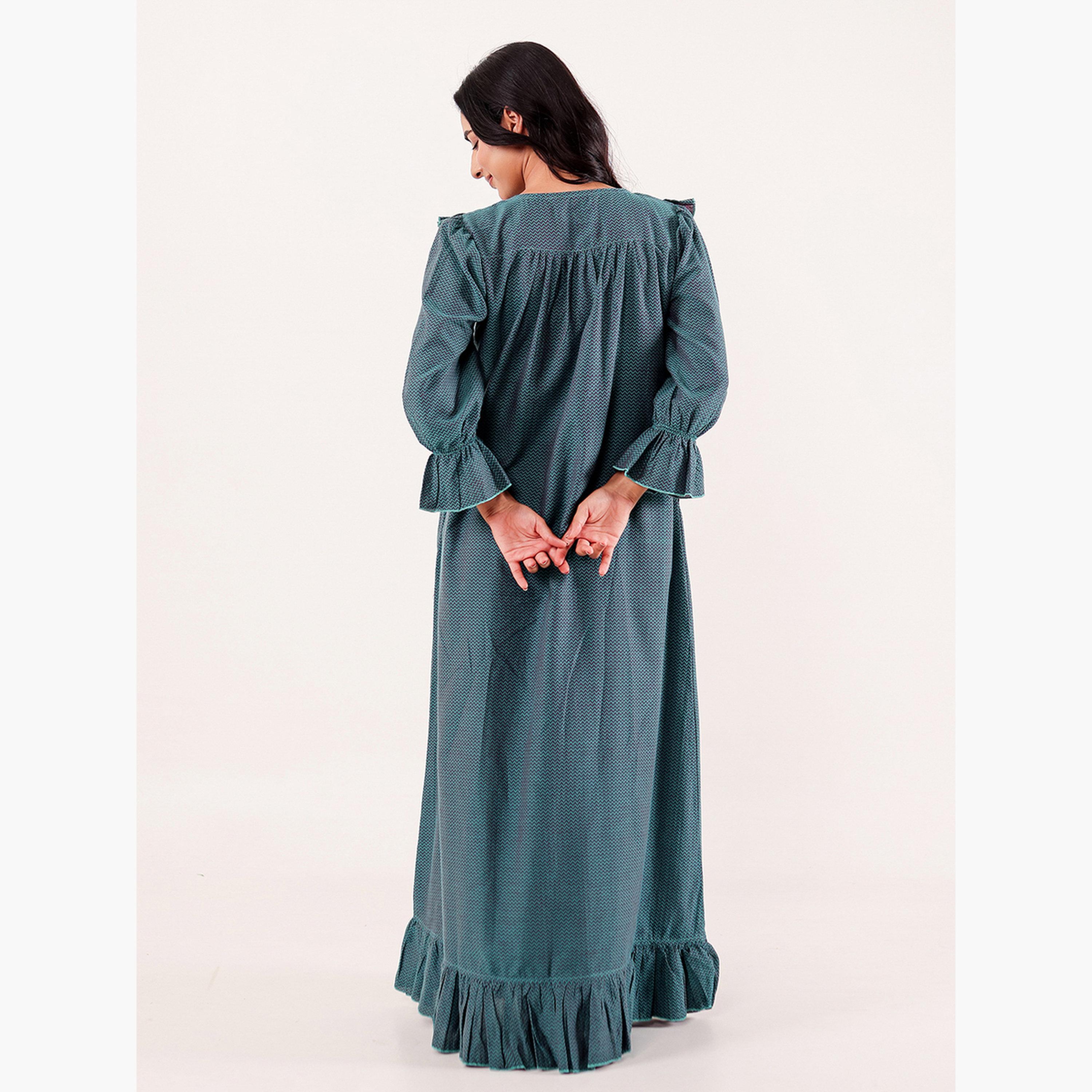 The Kaftan Company X Styli Teal Chevron Printed Cotton Nightdress-women-clothing-nightwear-nighties-image-4
