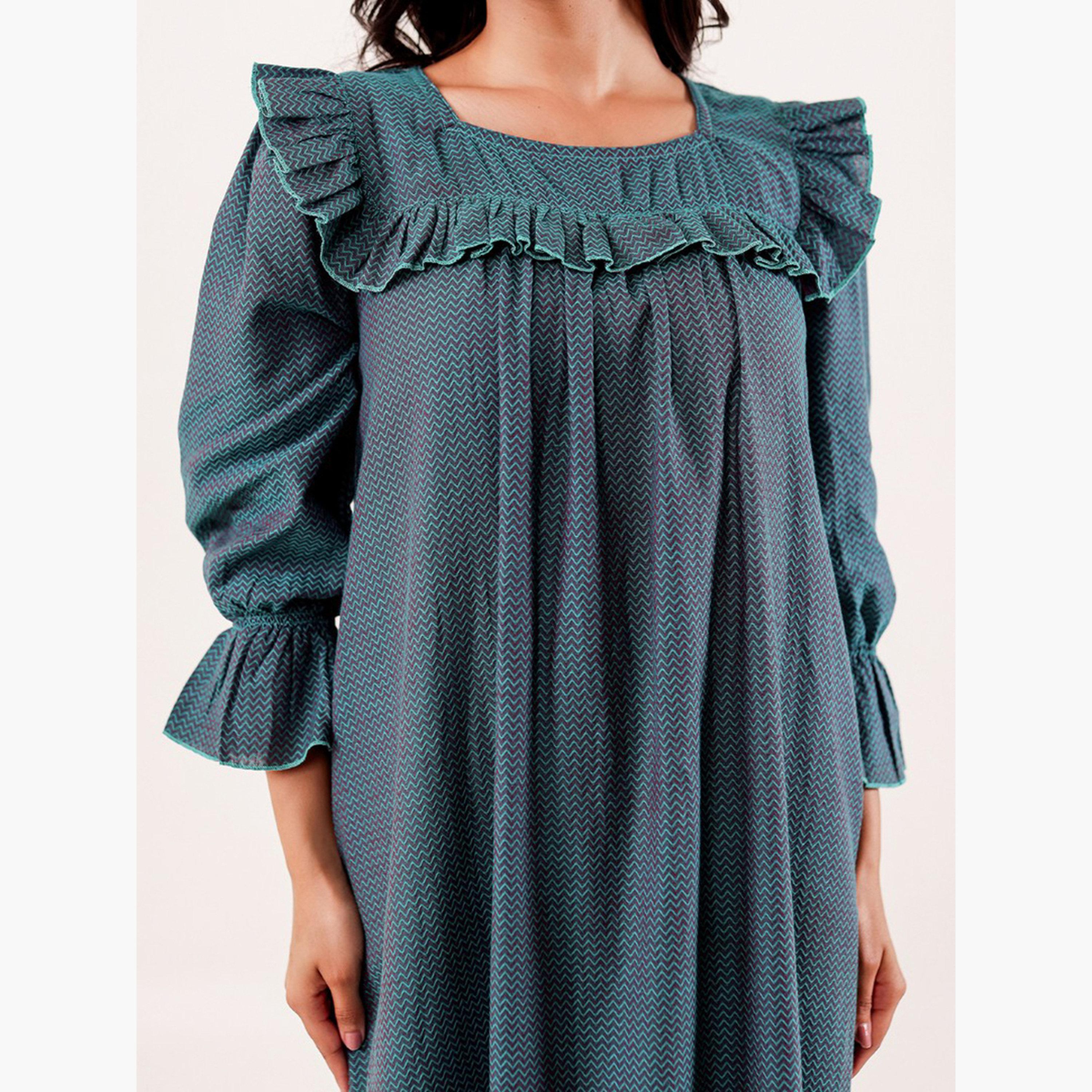 The Kaftan Company X Styli Teal Chevron Printed Cotton Nightdress-women-clothing-nightwear-nighties-image-5