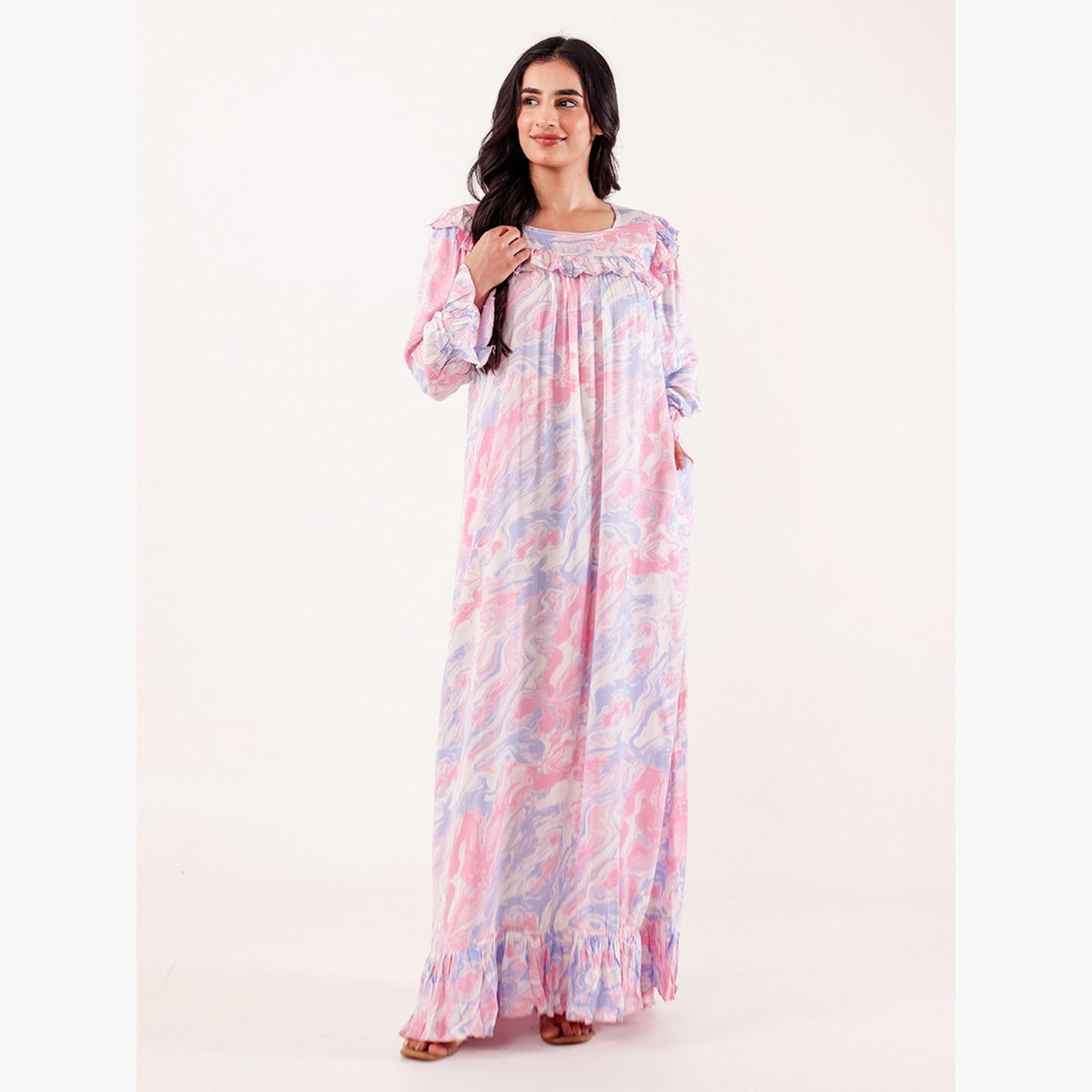 The Kaftan Company X Styli Pink Marble Print Viscose Rayon Nightdress-women-clothing-nightwear-nighties-image-1