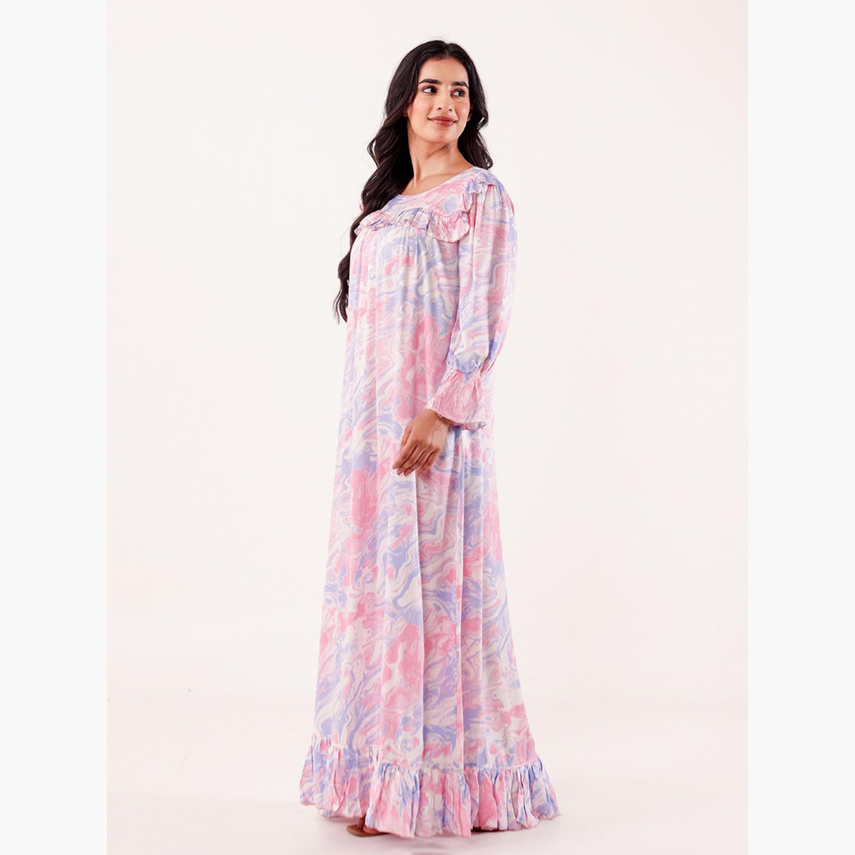 The Kaftan Company X Styli Pink Marble Print Viscose Rayon Nightdress-women-clothing-nightwear-nighties-image-2