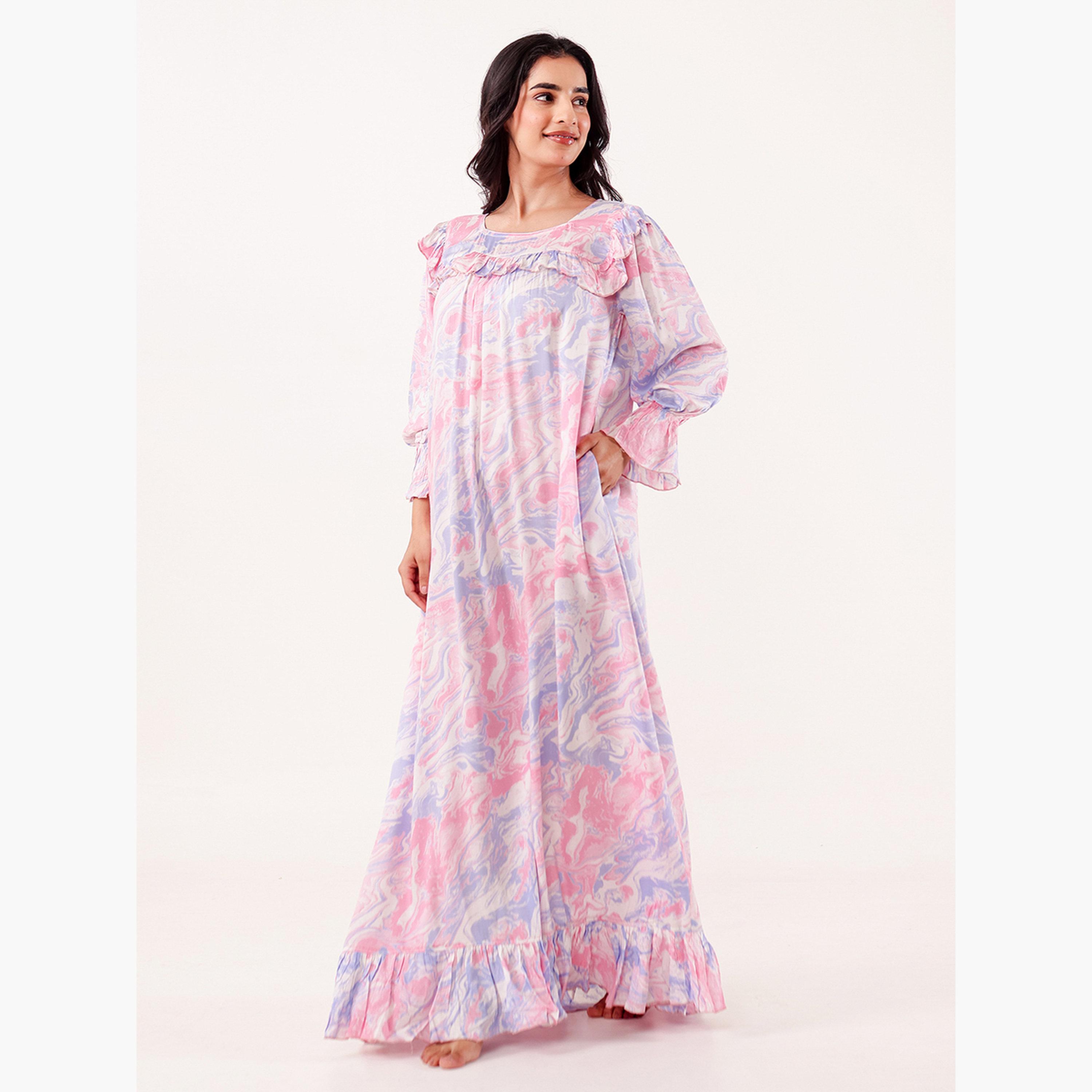 The Kaftan Company X Styli Pink Marble Print Viscose Rayon Nightdress-women-clothing-nightwear-nighties-image-3