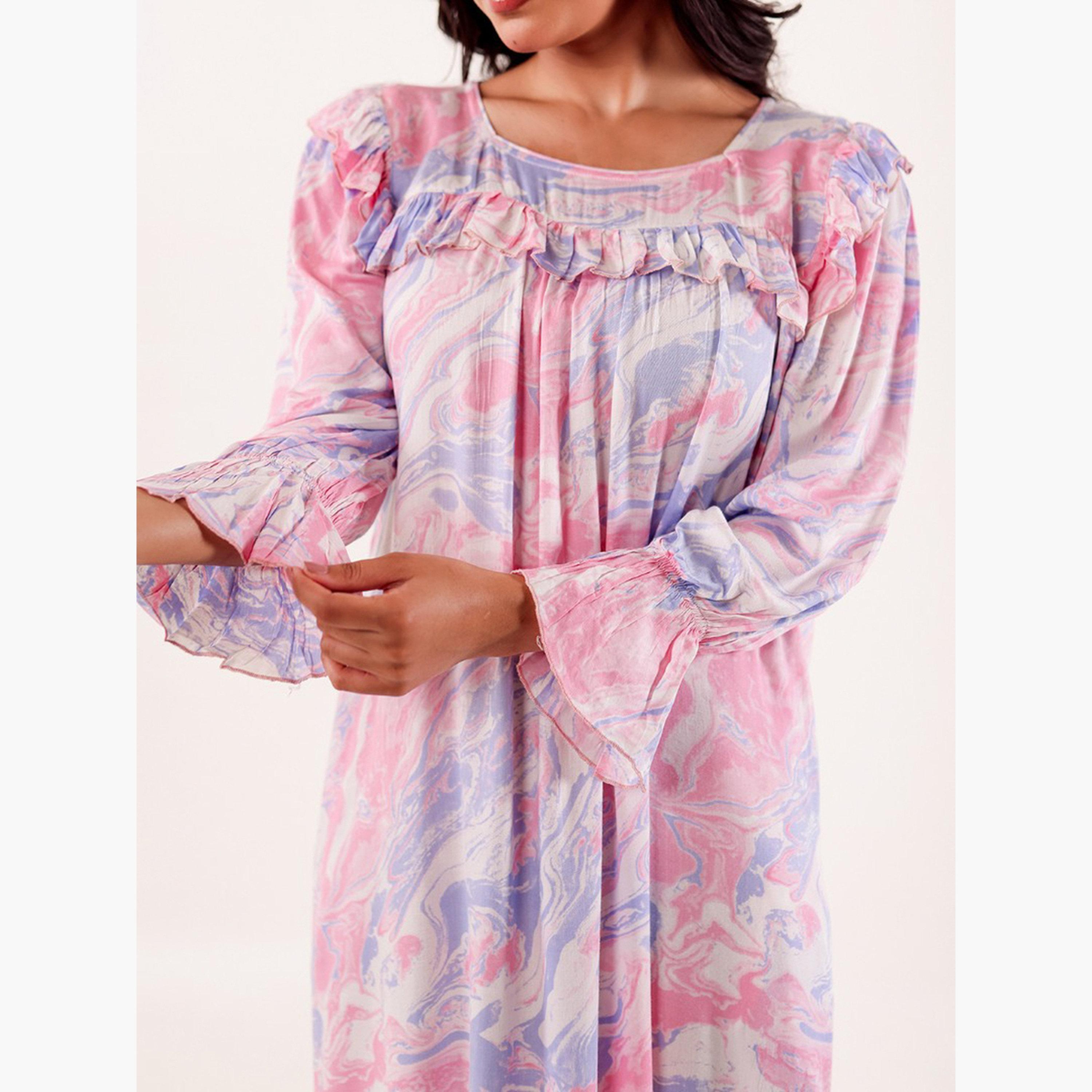 The Kaftan Company X Styli Pink Marble Print Viscose Rayon Nightdress-women-clothing-nightwear-nighties-image-5