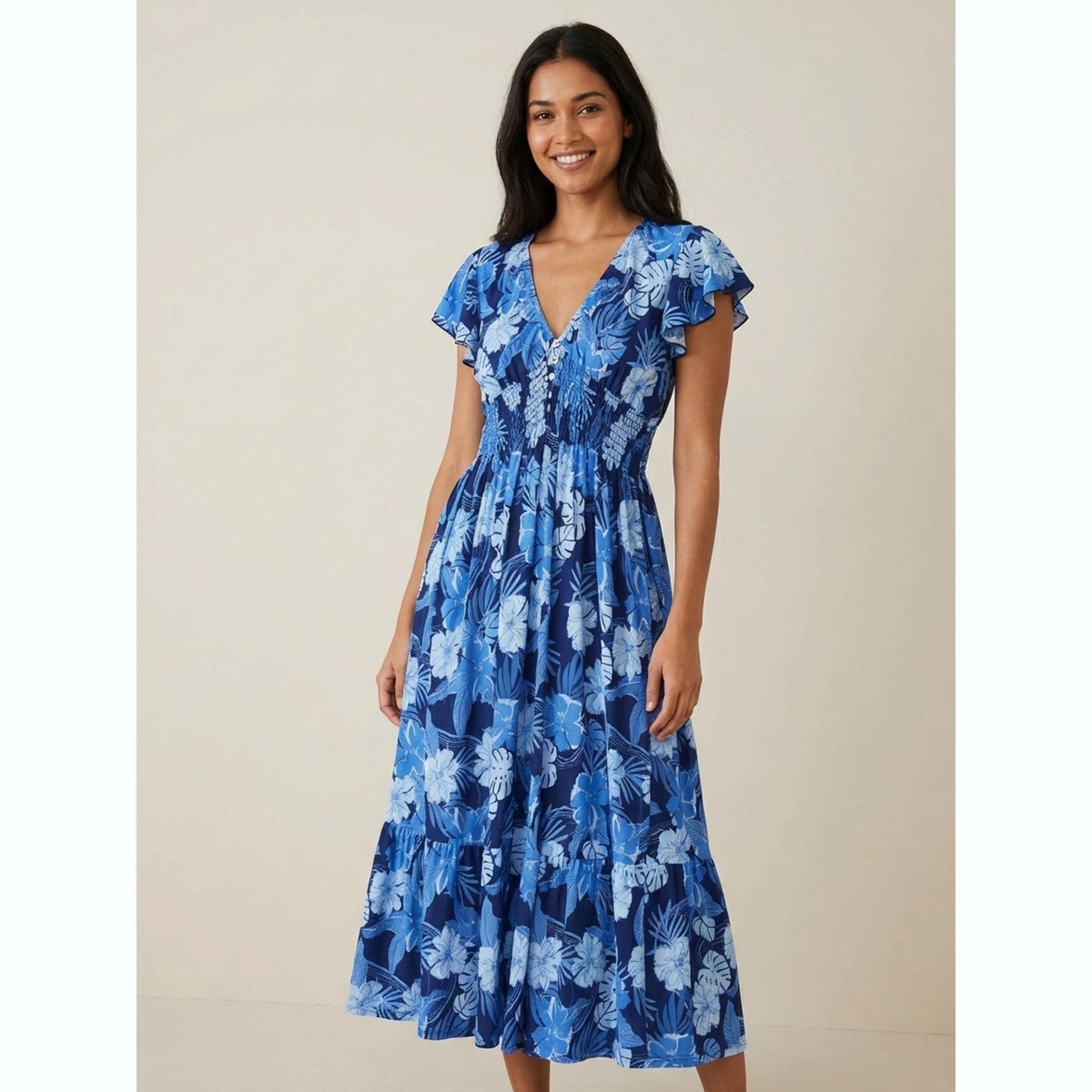 فستان ميدي بحافة واسعة وطبعة أزهار استوائية-women-clothing-dresses-image-1