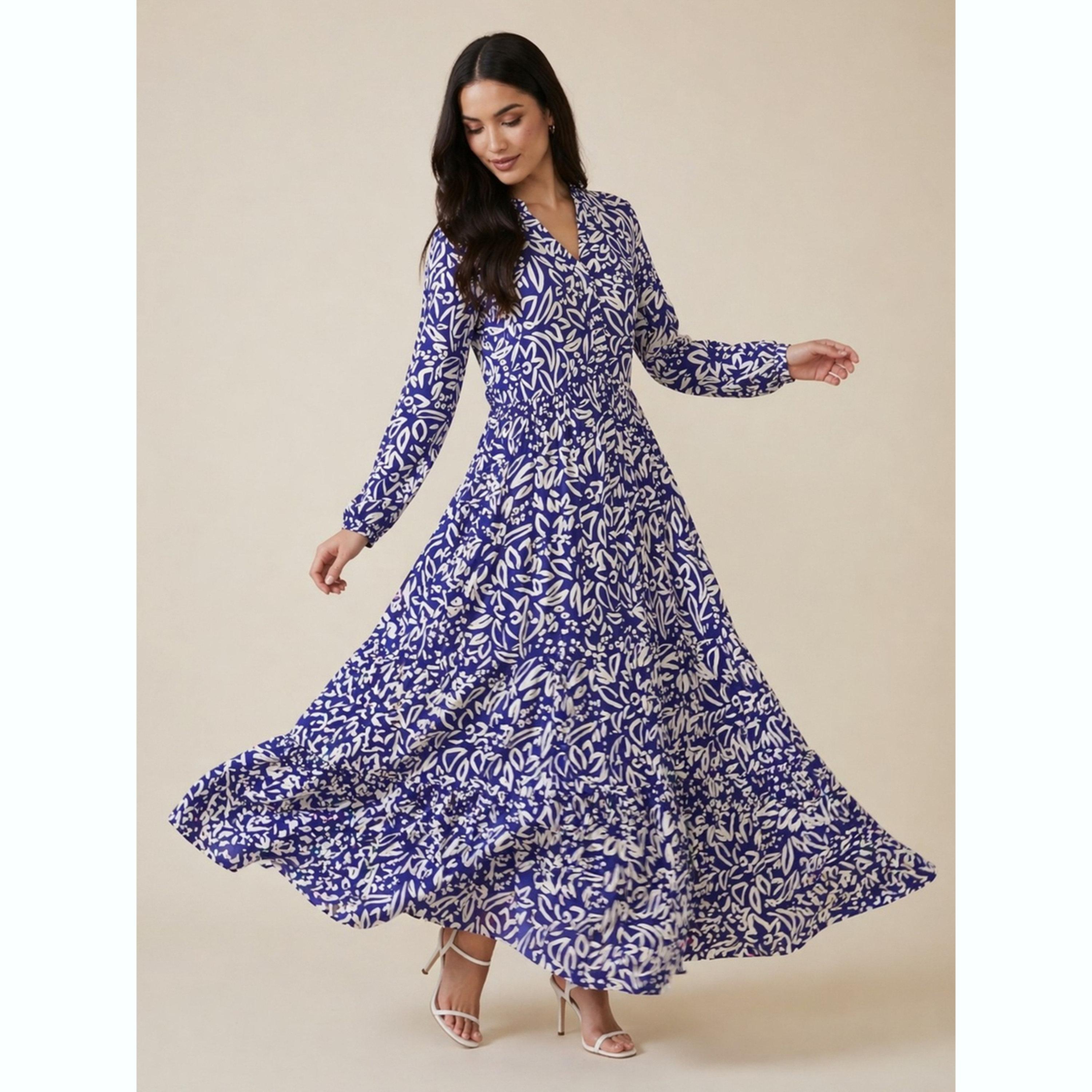 Victor and Jane X Styli Navy Blue All Over Print V Neck Maxi Dress-women-clothing-dresses-image-1