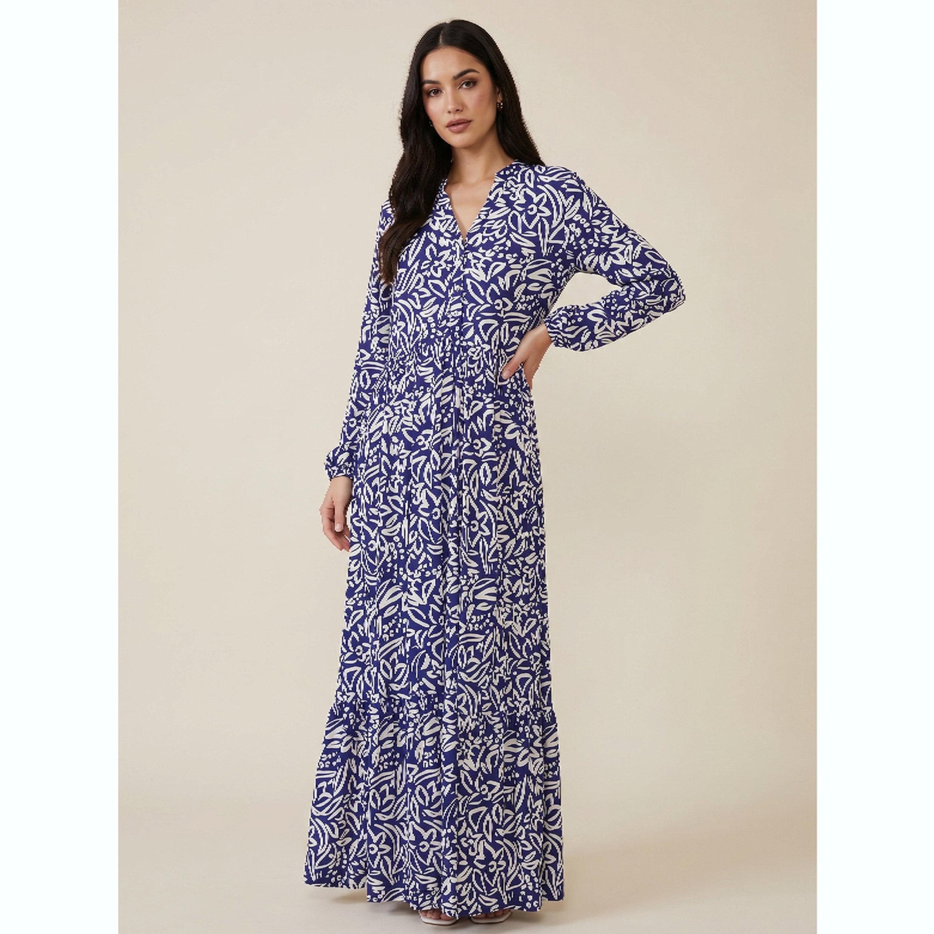 Victor and Jane X Styli Navy Blue All Over Print V Neck Maxi Dress-women-clothing-dresses-image-2