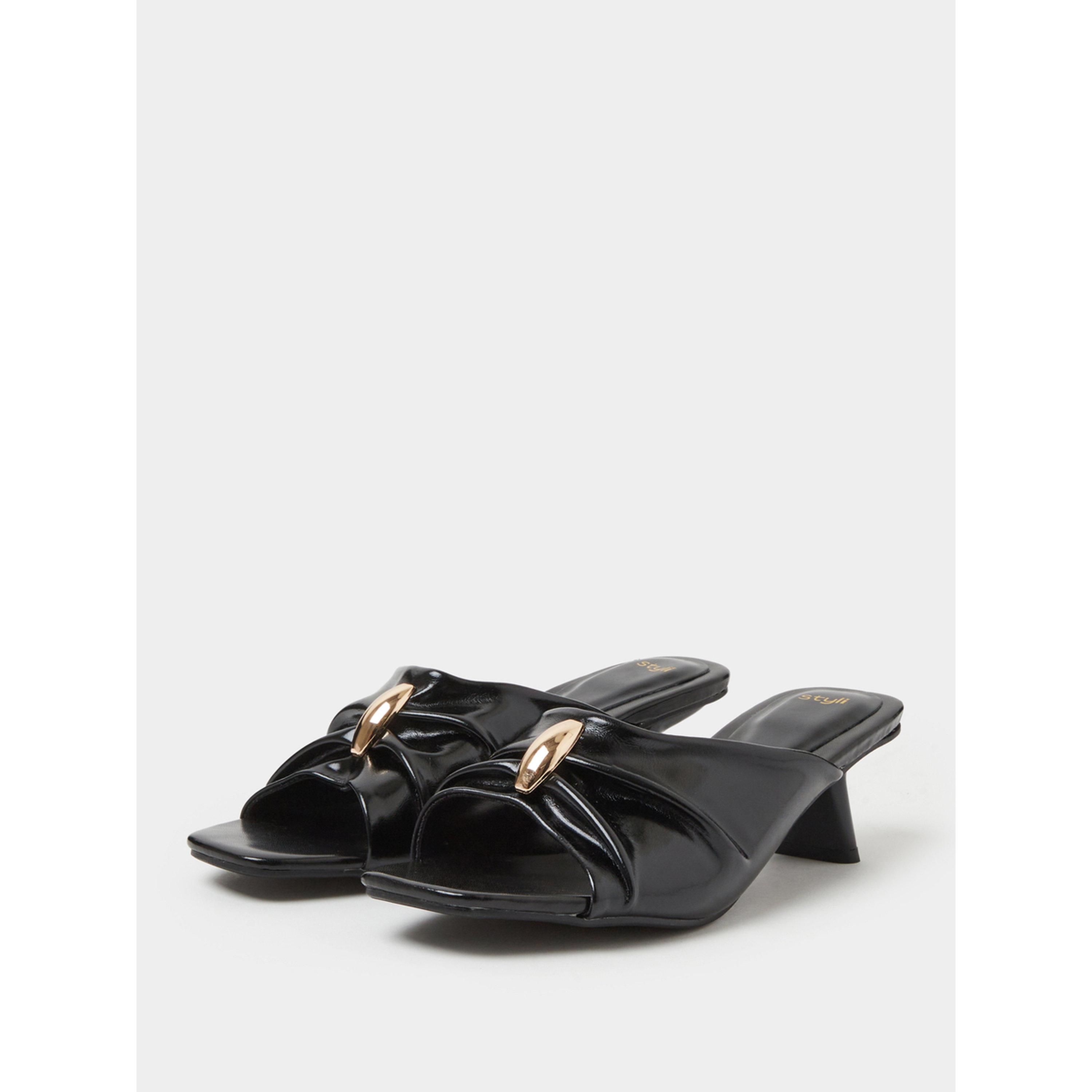 Styli Black Pleated Mid-Heel Mules with Gold Trim-women-shoes-sandals-heeled-image-1