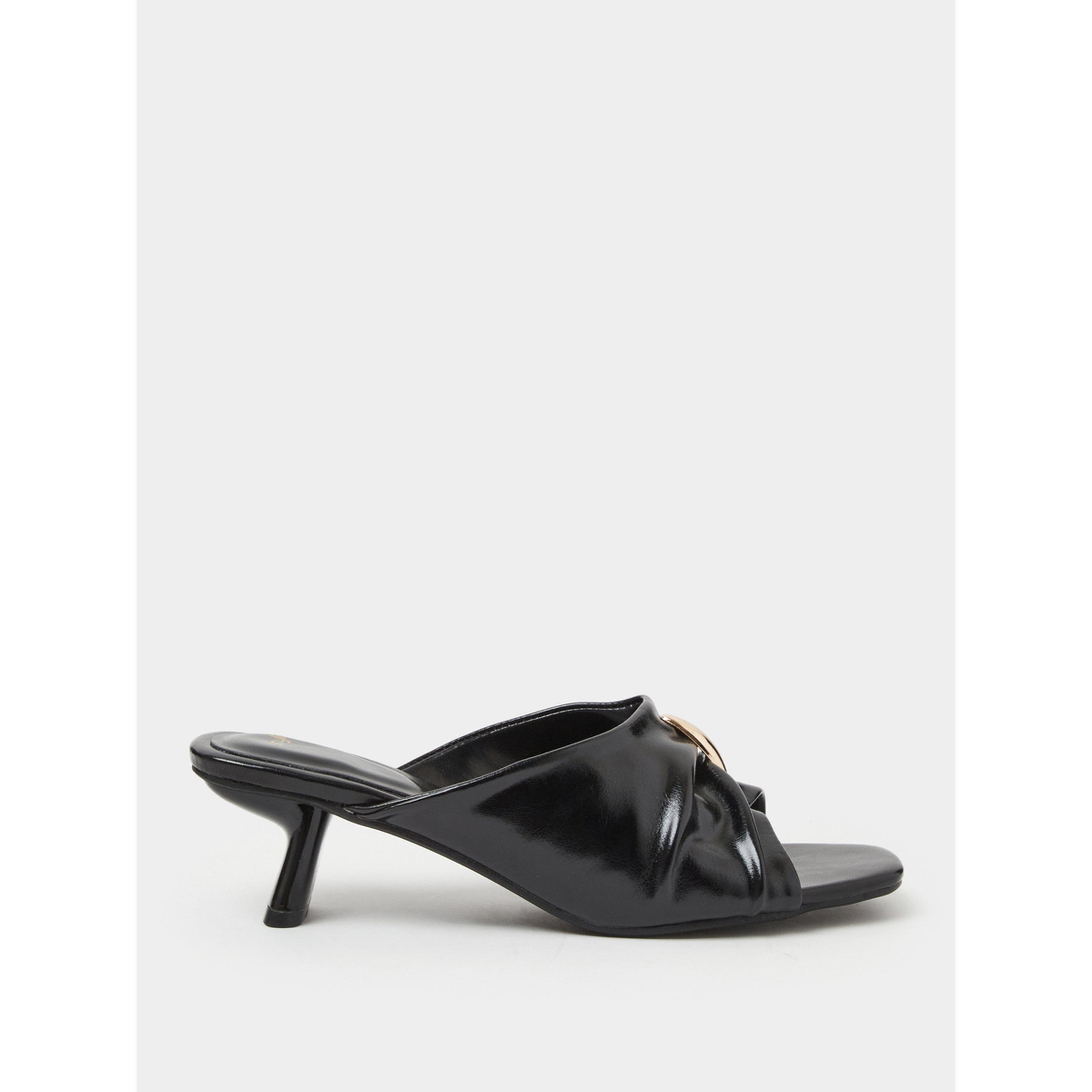 Styli Black Pleated Mid-Heel Mules with Gold Trim-women-shoes-sandals-heeled-image-3