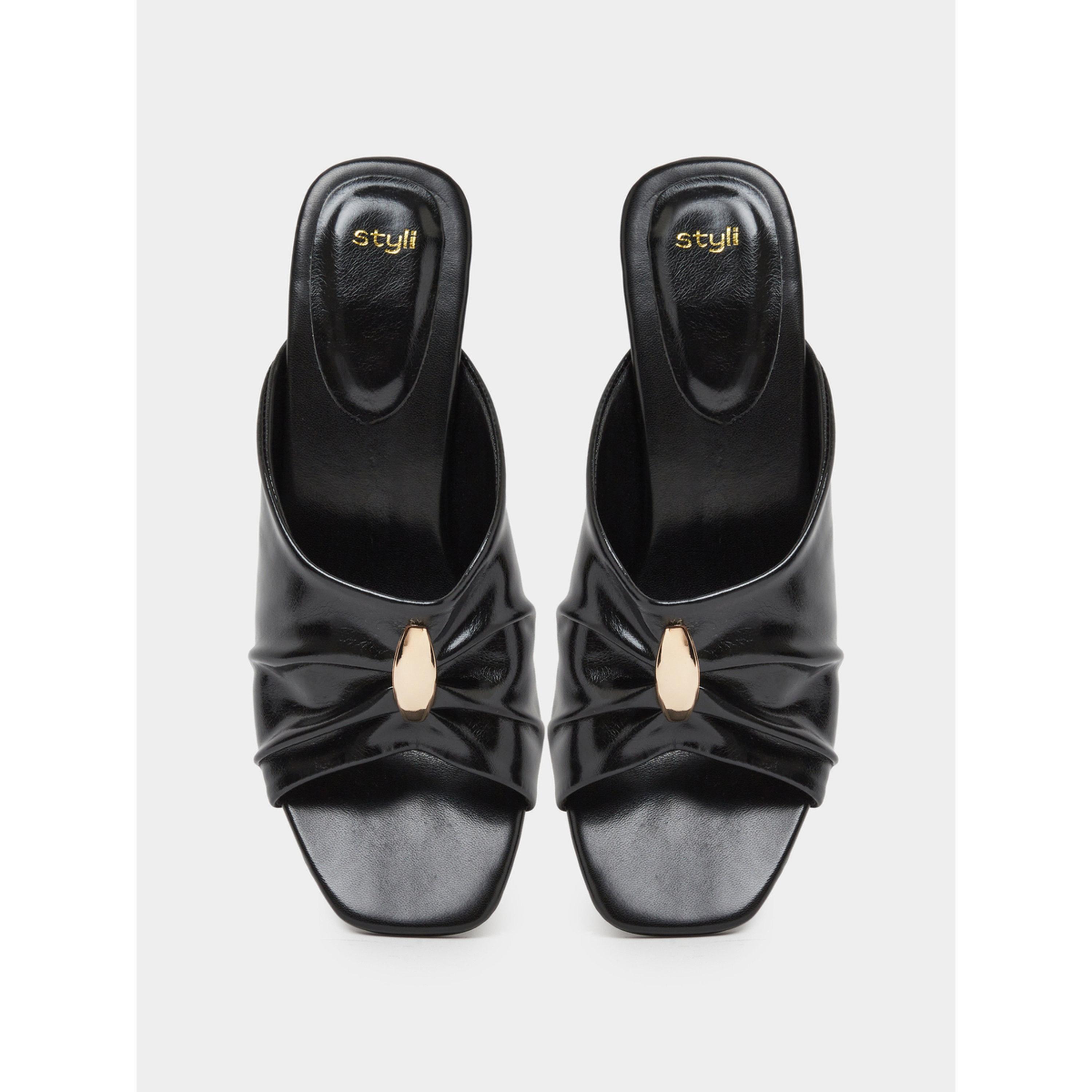 Styli Black Pleated Mid-Heel Mules with Gold Trim-women-shoes-sandals-heeled-image-4