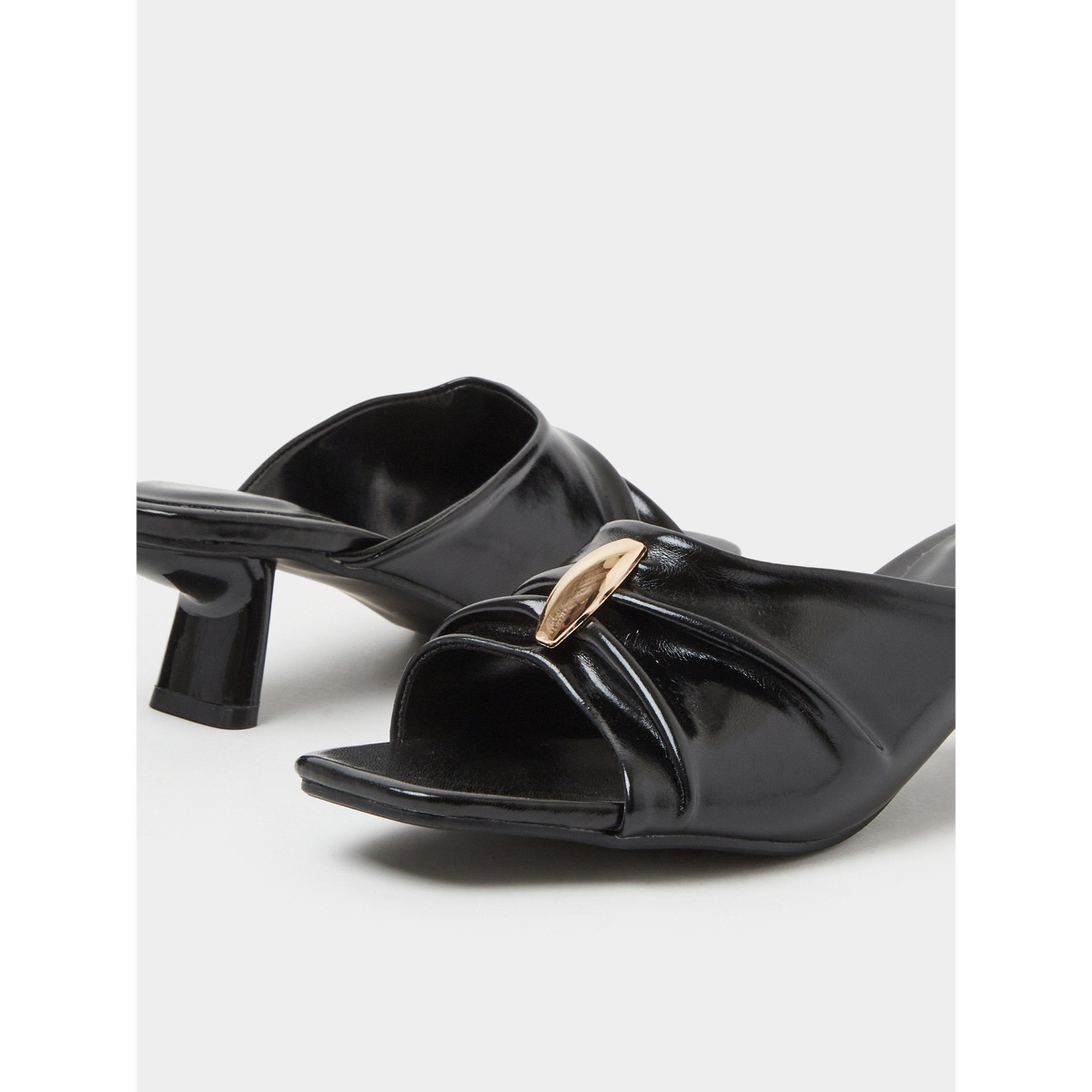Styli Black Pleated Mid-Heel Mules with Gold Trim-women-shoes-sandals-heeled-image-5