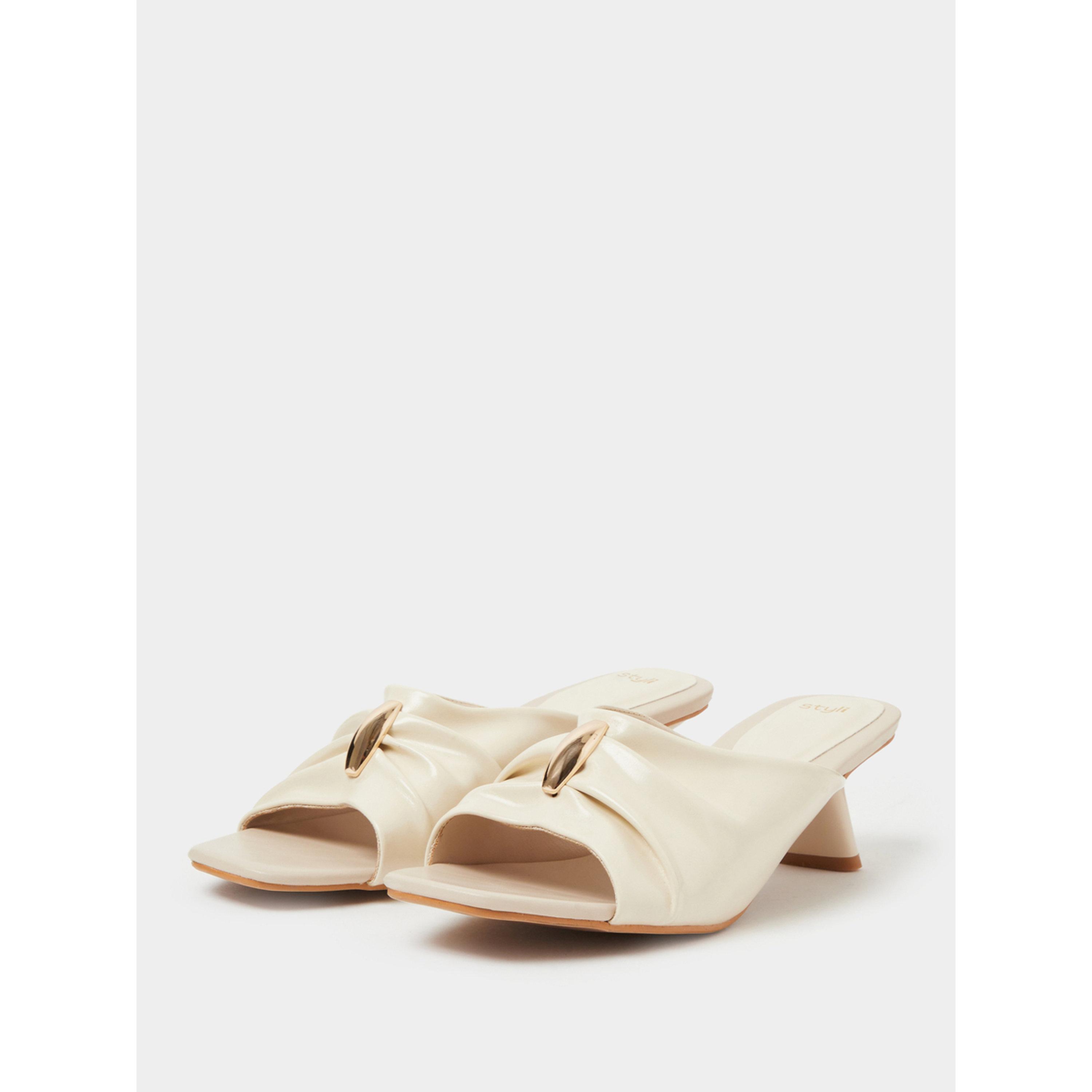 Styli Beige Pleated Mid-Heel Mules with Gold Trim-women-shoes-sandals-heeled-image-1