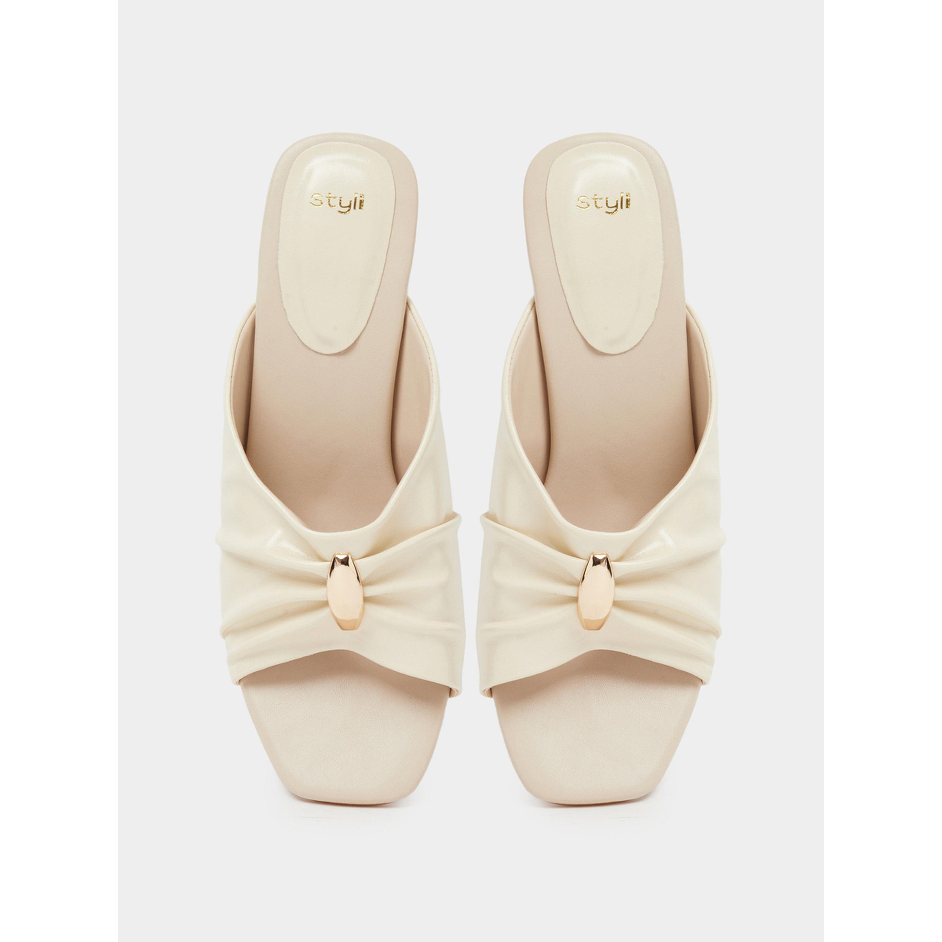 Styli Beige Pleated Mid-Heel Mules with Gold Trim-women-shoes-sandals-heeled-image-4