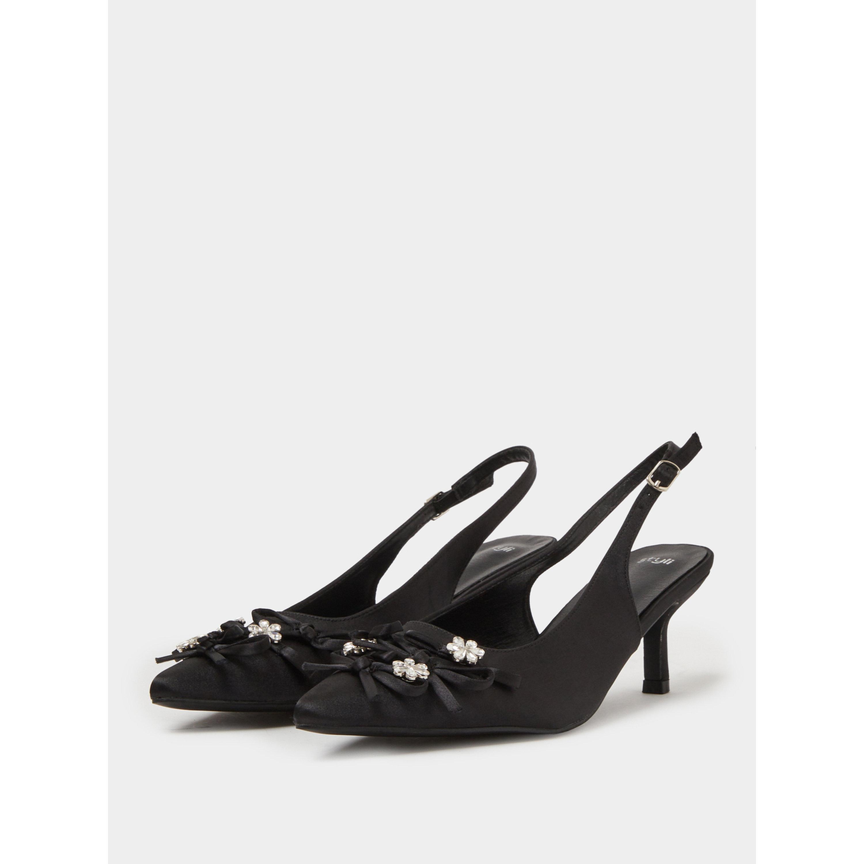 حذاء بكعب متوسط وحزام خلفي وتفاصيل عقدة مزينة لون أسود-women-shoes-heels-image-1