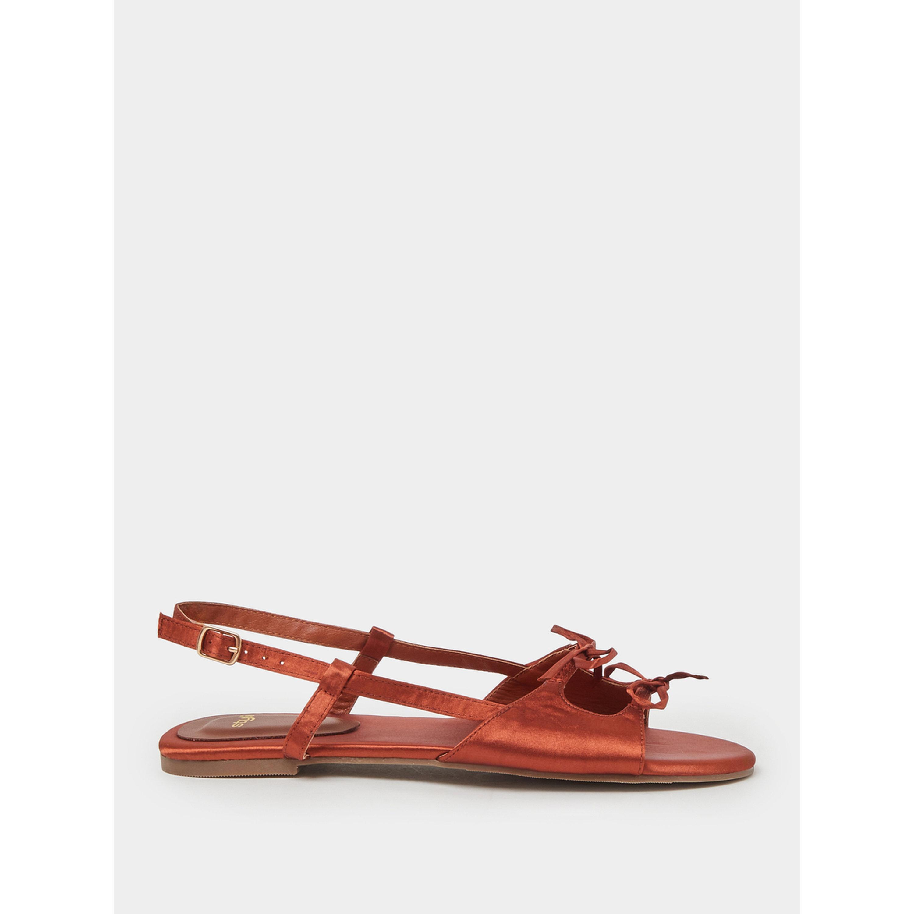 Styli Brown Bow Details Satin Flat Sandals-women-shoes-sandals-flats-image-3