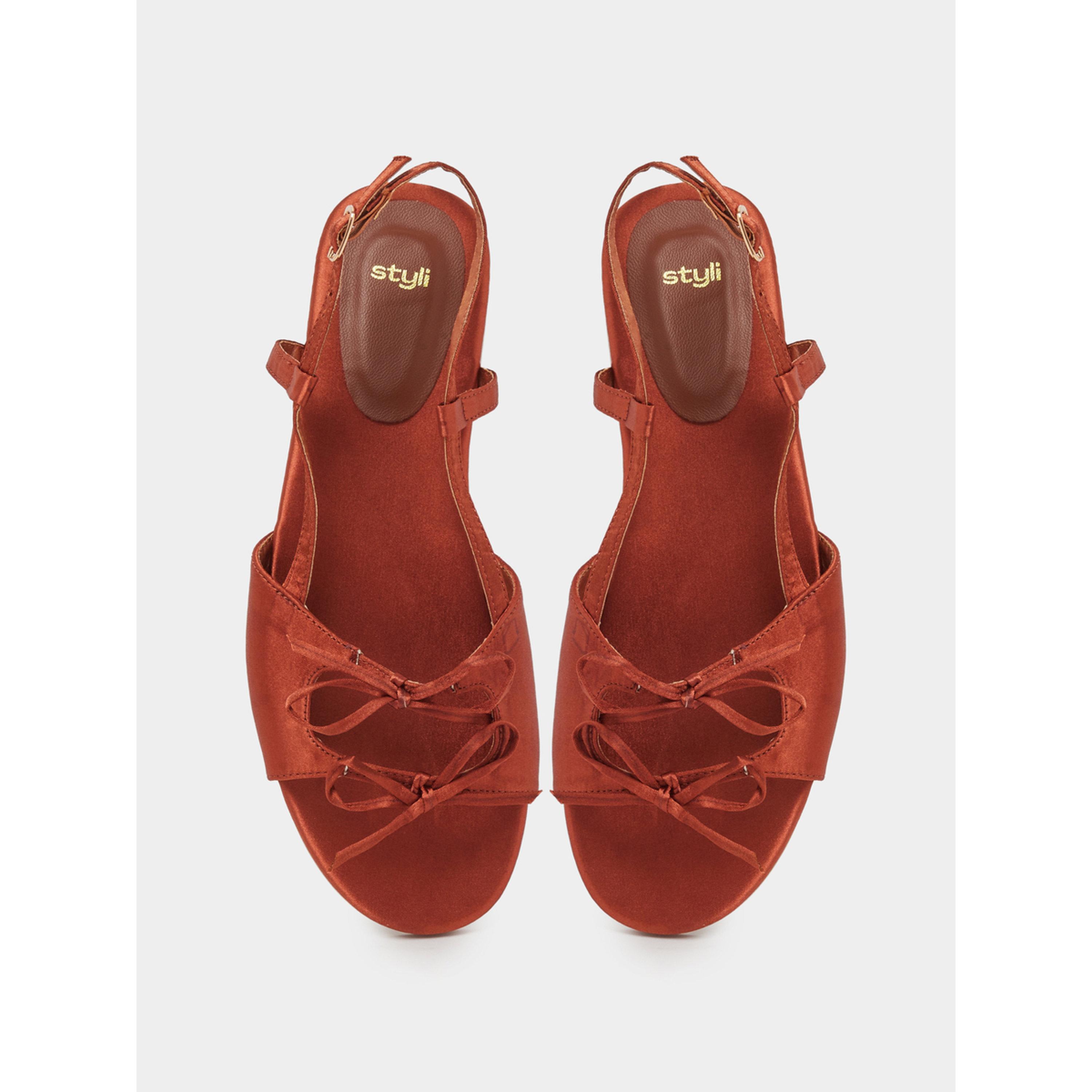 Styli Brown Bow Details Satin Flat Sandals-women-shoes-sandals-flats-image-4