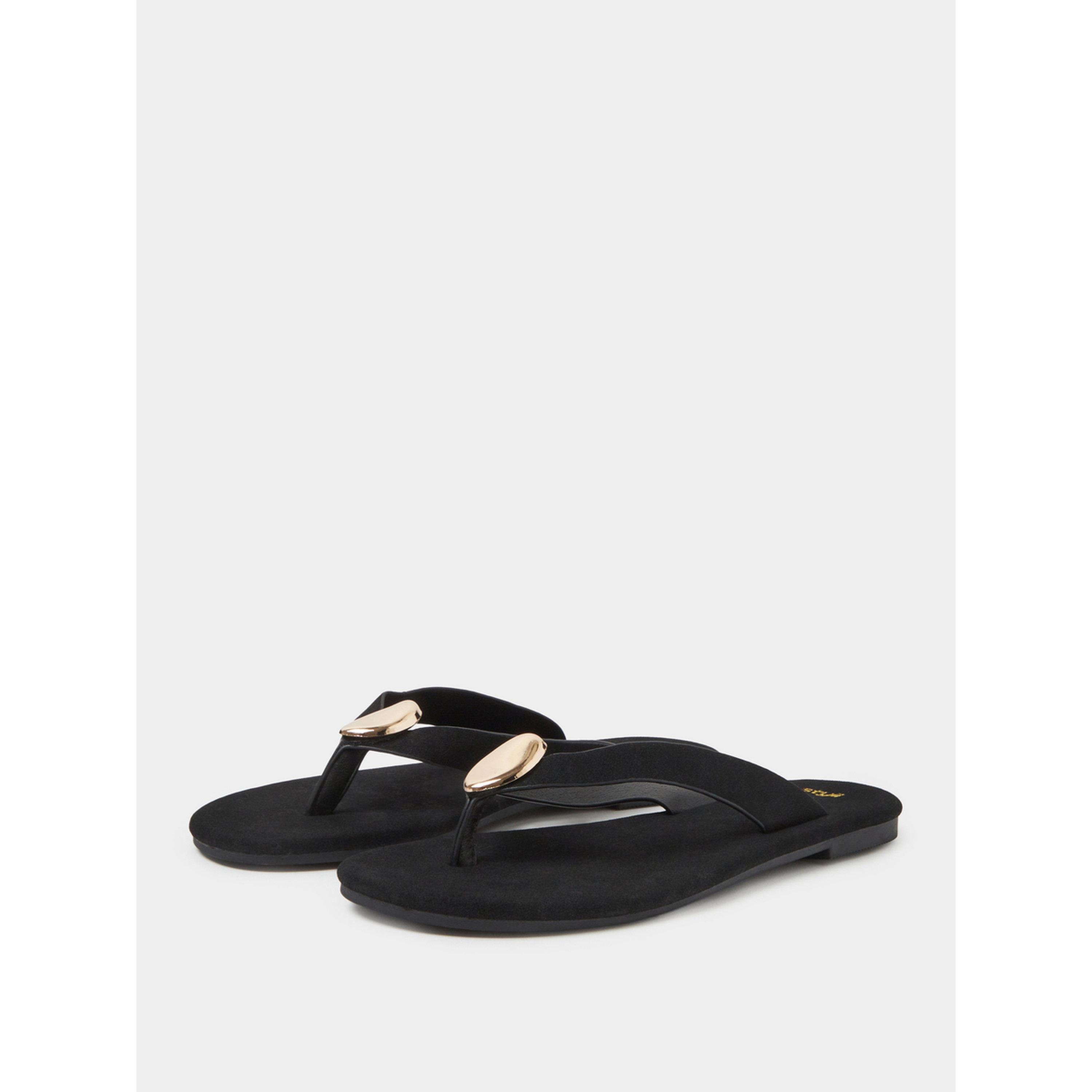 Styli Black Flat Flip-Flops with Gold Tone Metallic Detail-women-shoes-flipflopsandslides-image-1