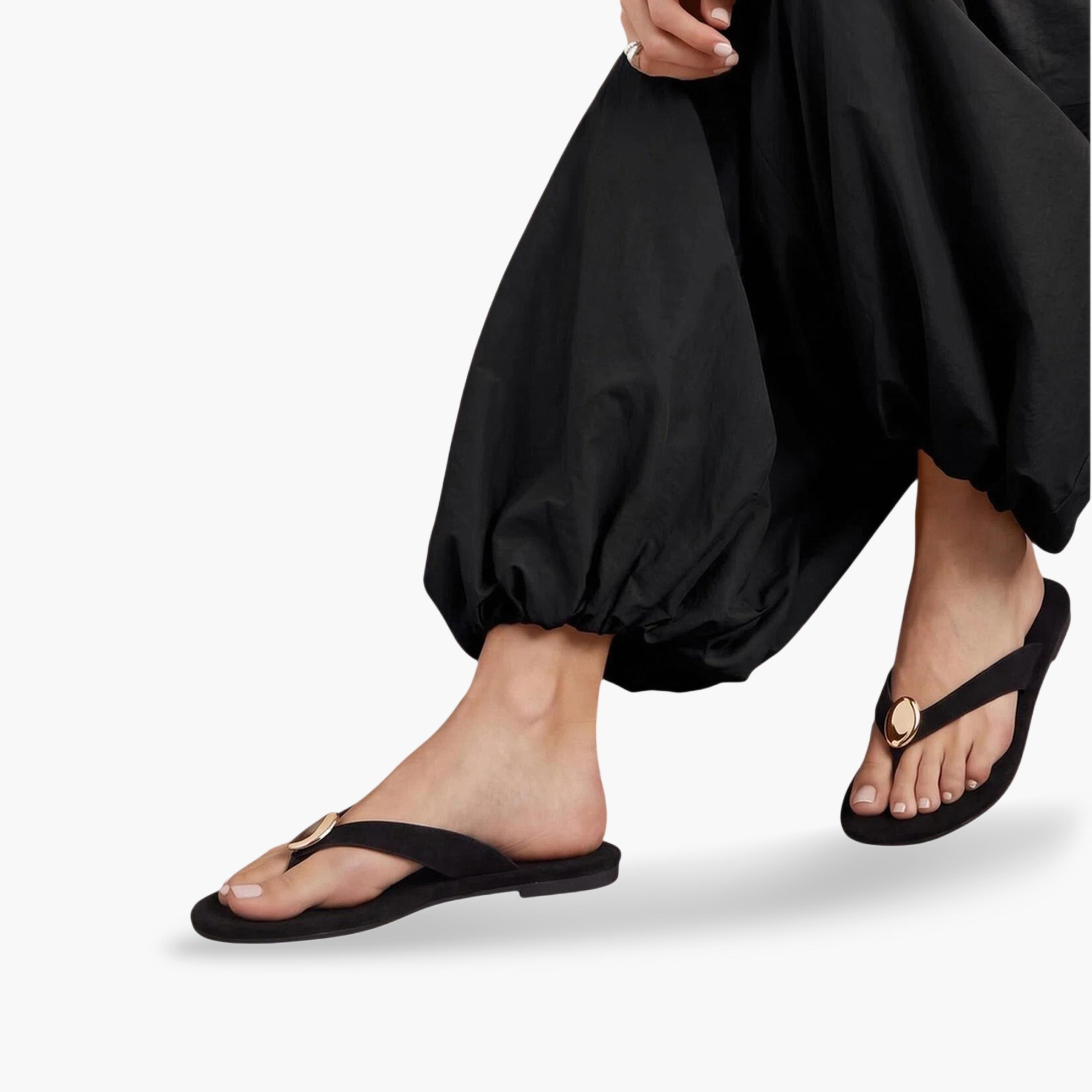 Styli Black Flat Flip-Flops with Gold Tone Metallic Detail-women-shoes-flipflopsandslides-image-2