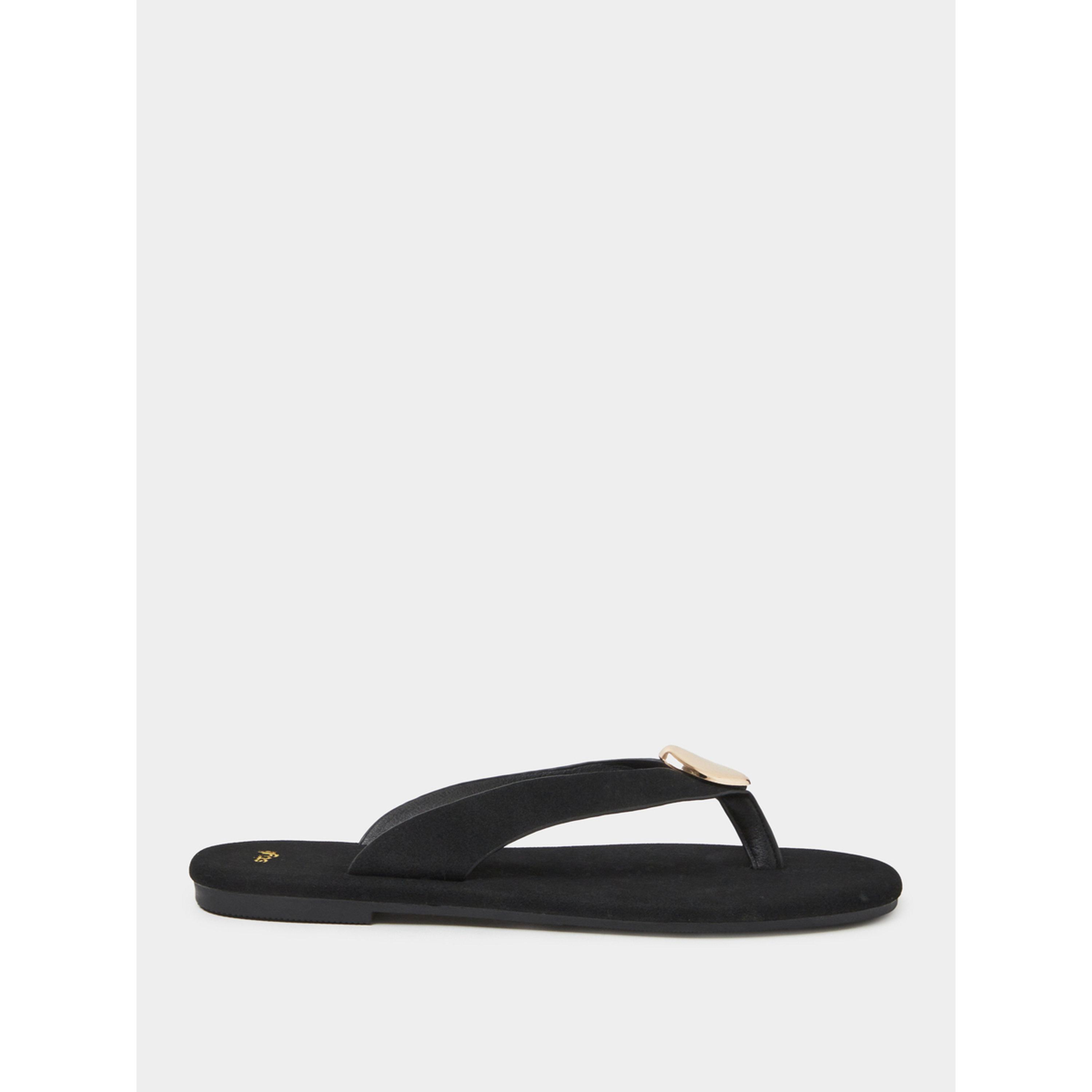 Styli Black Flat Flip-Flops with Gold Tone Metallic Detail-women-shoes-flipflopsandslides-image-3