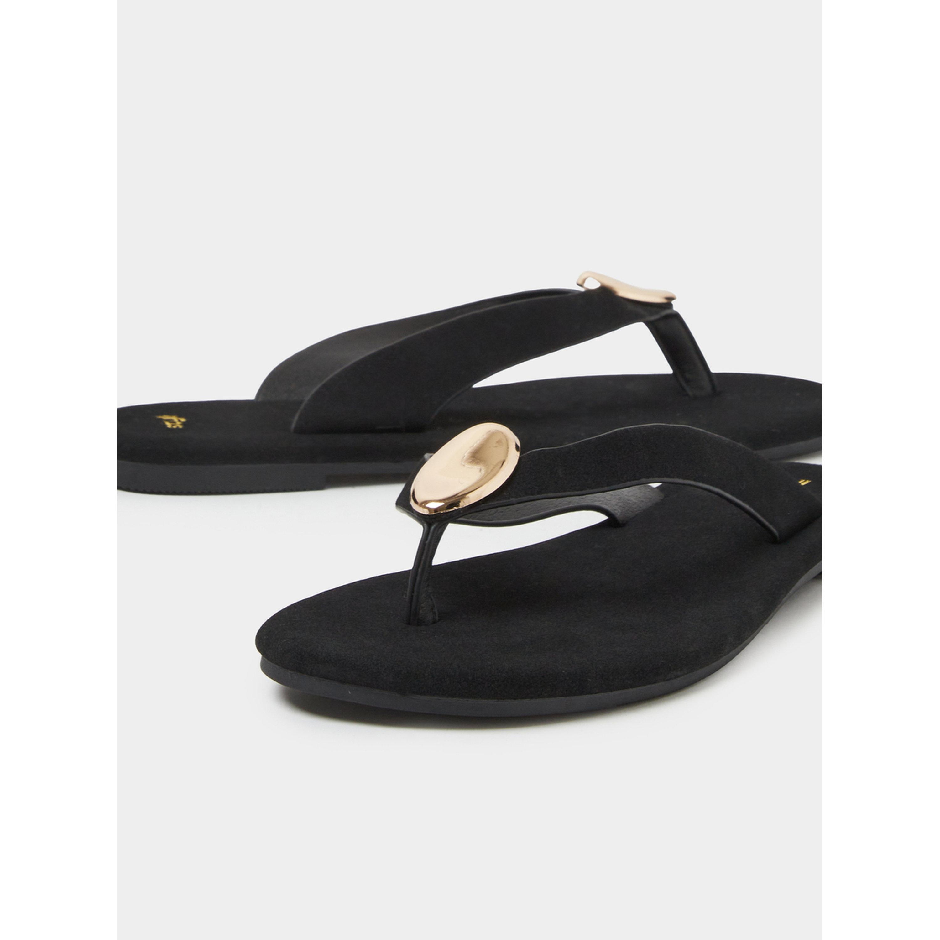 Styli Black Flat Flip-Flops with Gold Tone Metallic Detail-women-shoes-flipflopsandslides-image-5