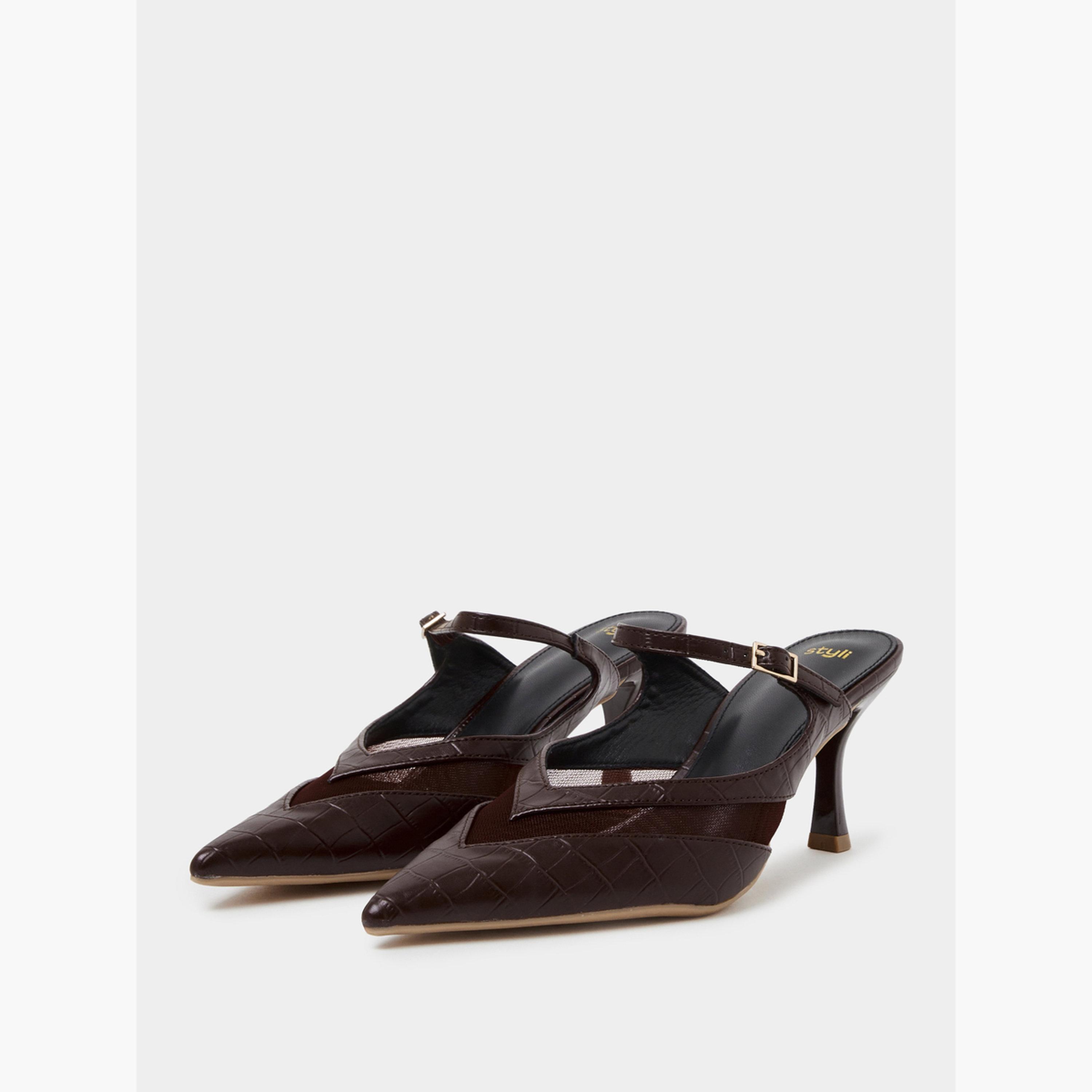 Styli Brown Mesh Detail High Heel Mules-women-shoes-heels-image-1