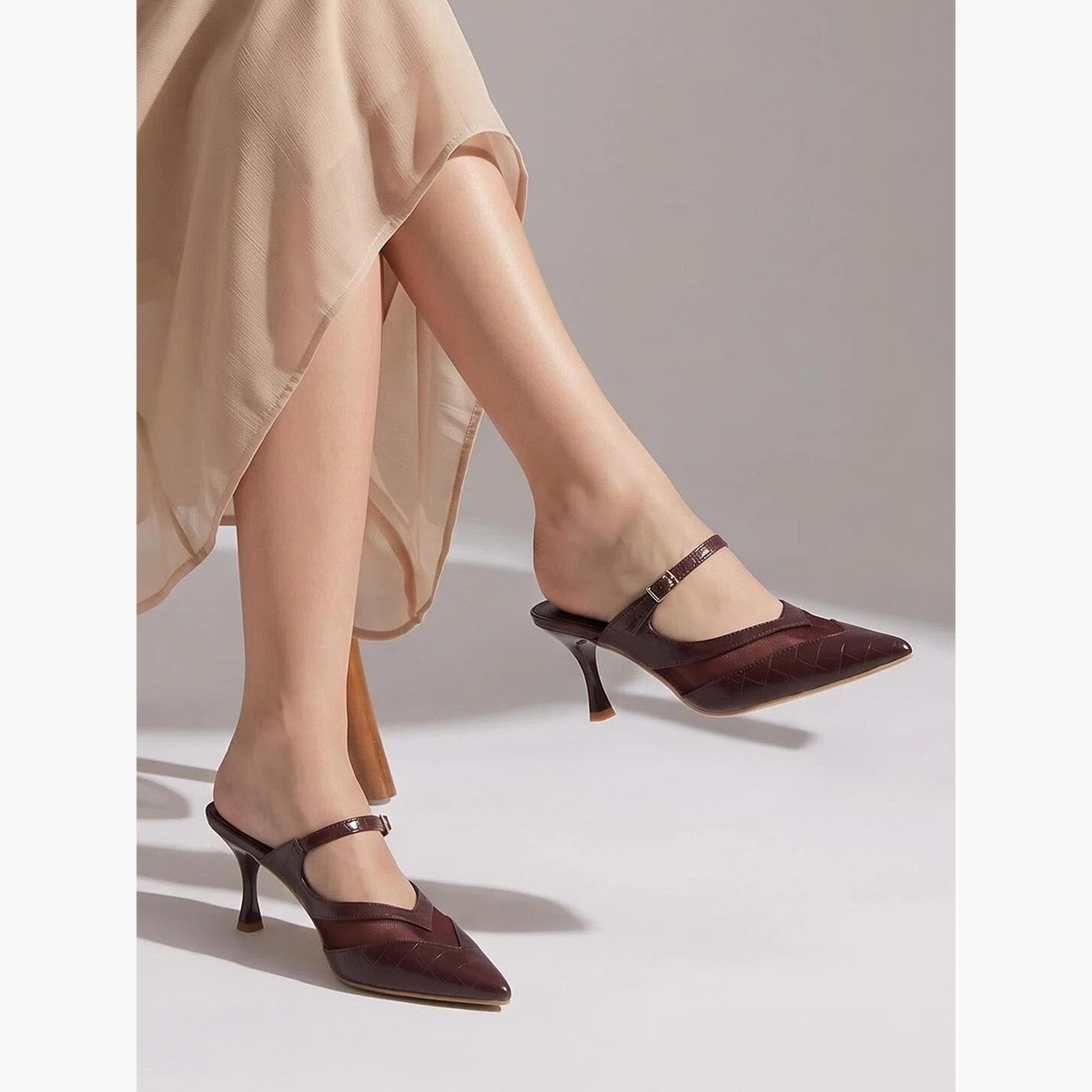 Styli Brown Mesh Detail High Heel Mules-women-shoes-heels-image-2