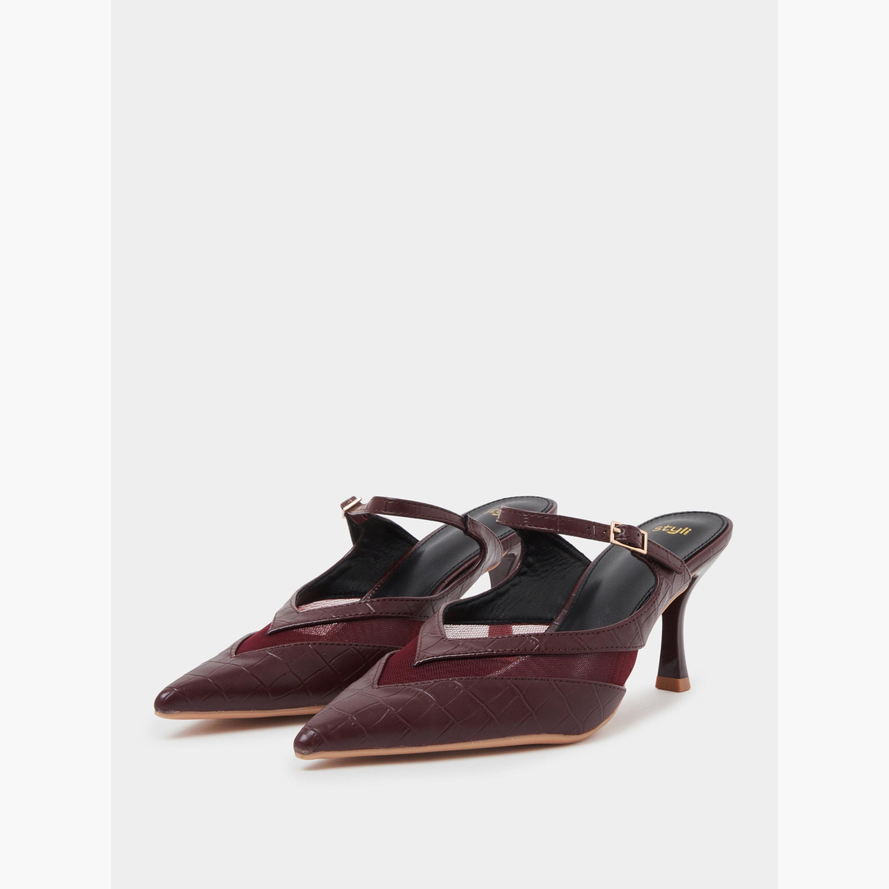 Styli Burgundy Mesh Details High Heel Mules-women-shoes-heels-image-1
