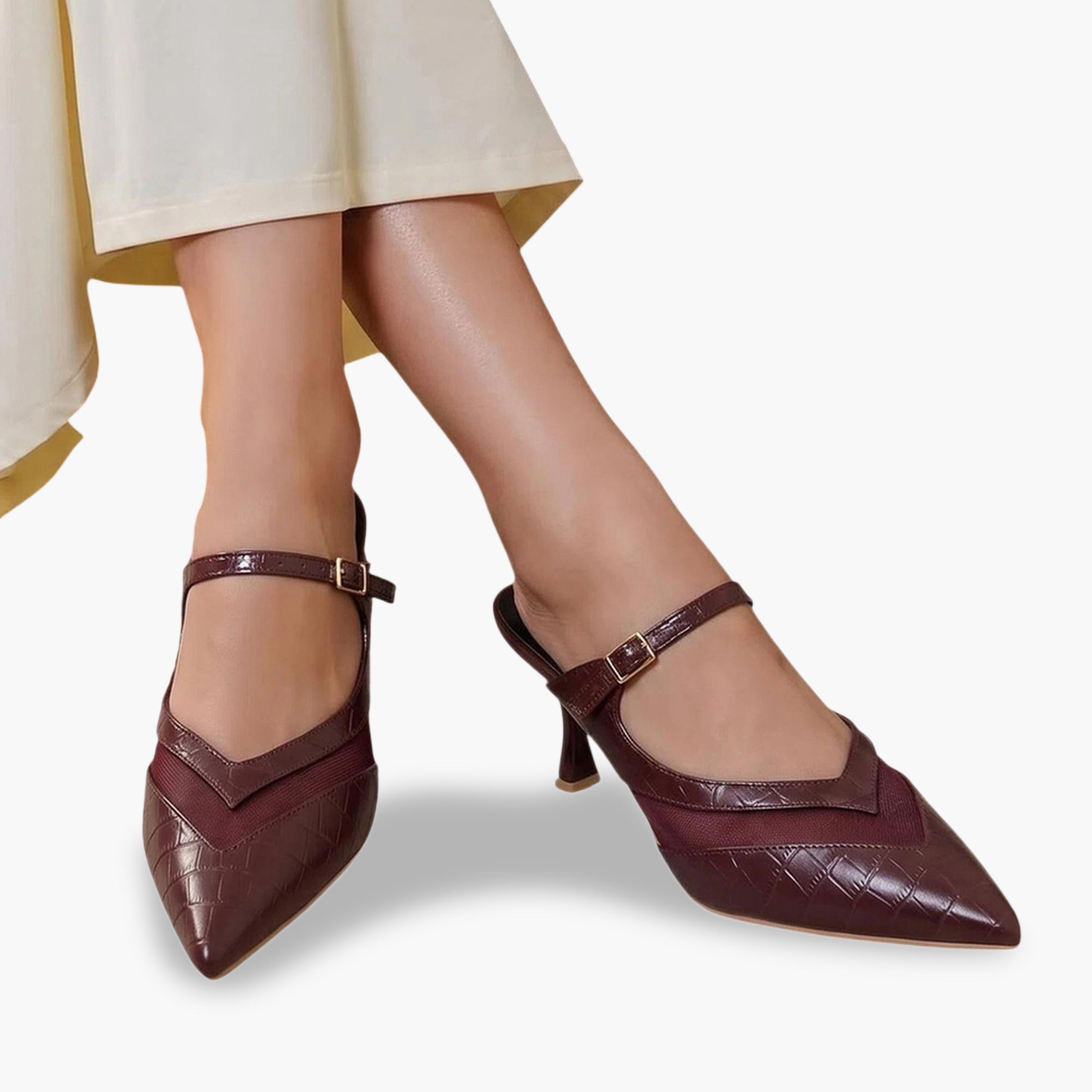 Styli Burgundy Mesh Details High Heel Mules-women-shoes-heels-image-2