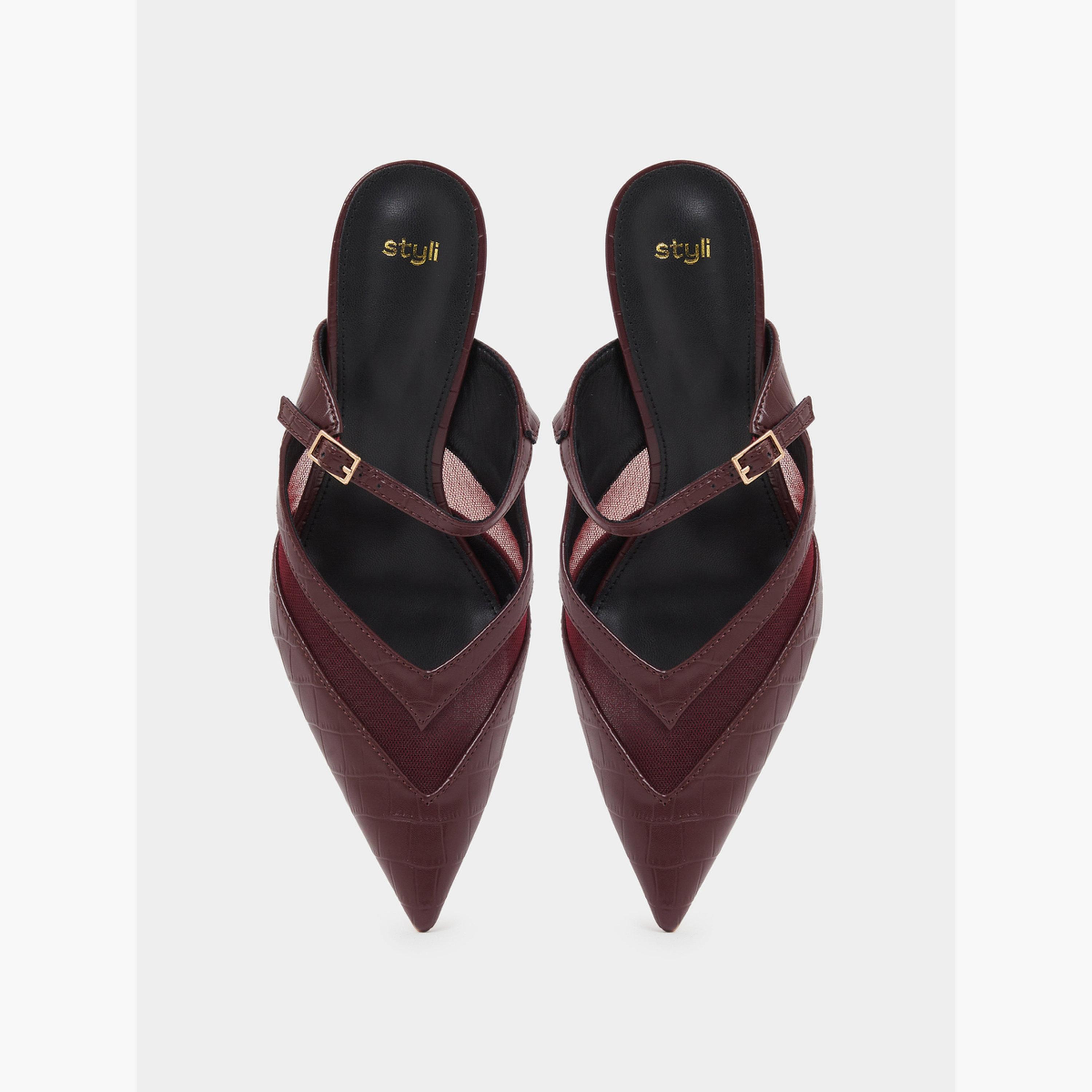 Styli Burgundy Mesh Details High Heel Mules-women-shoes-heels-image-4