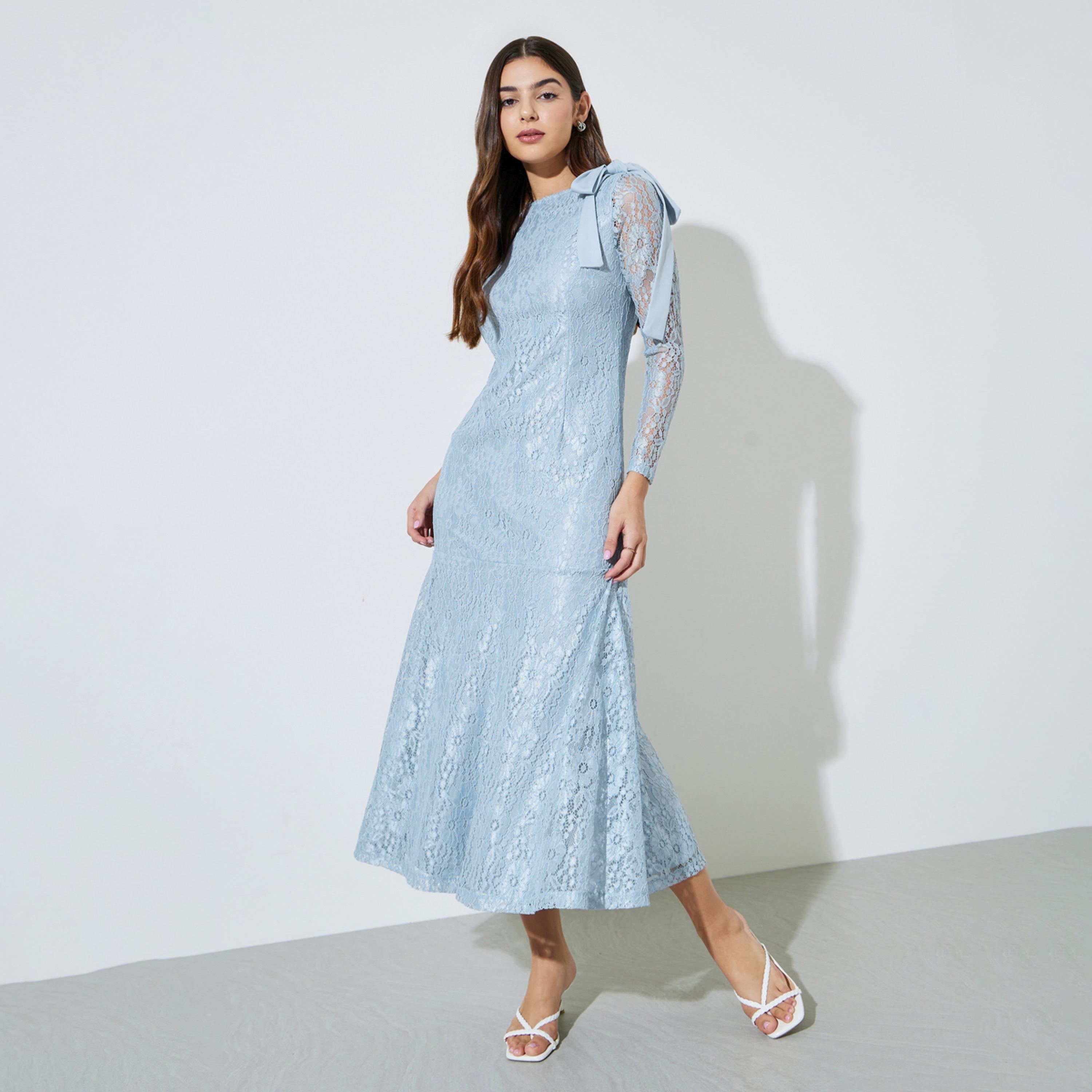 Styli Light Blue Lace Mermaid Hem Maxi Dress-women-clothing-dresses-image-1