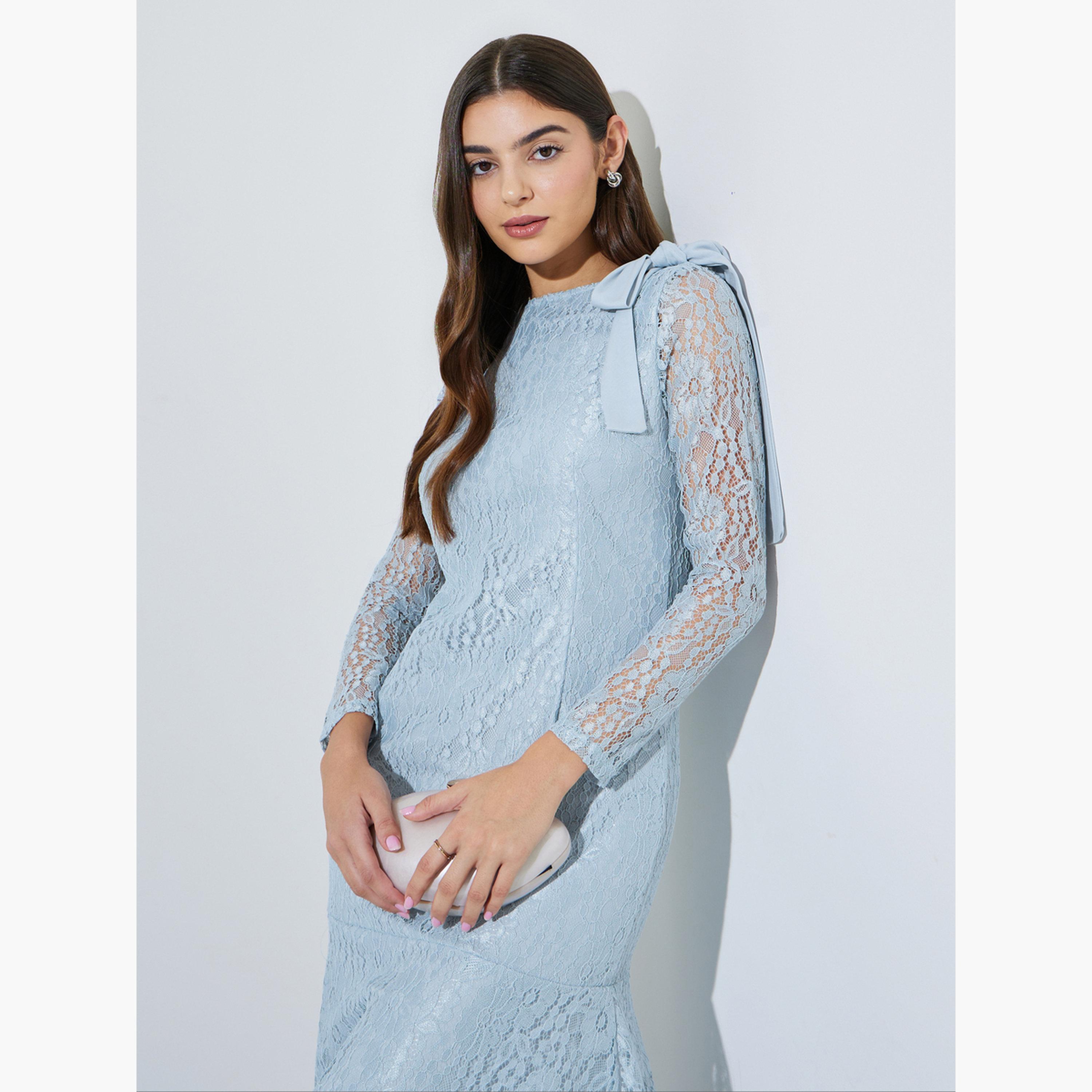Styli Light Blue Lace Mermaid Hem Maxi Dress-women-clothing-dresses-image-3