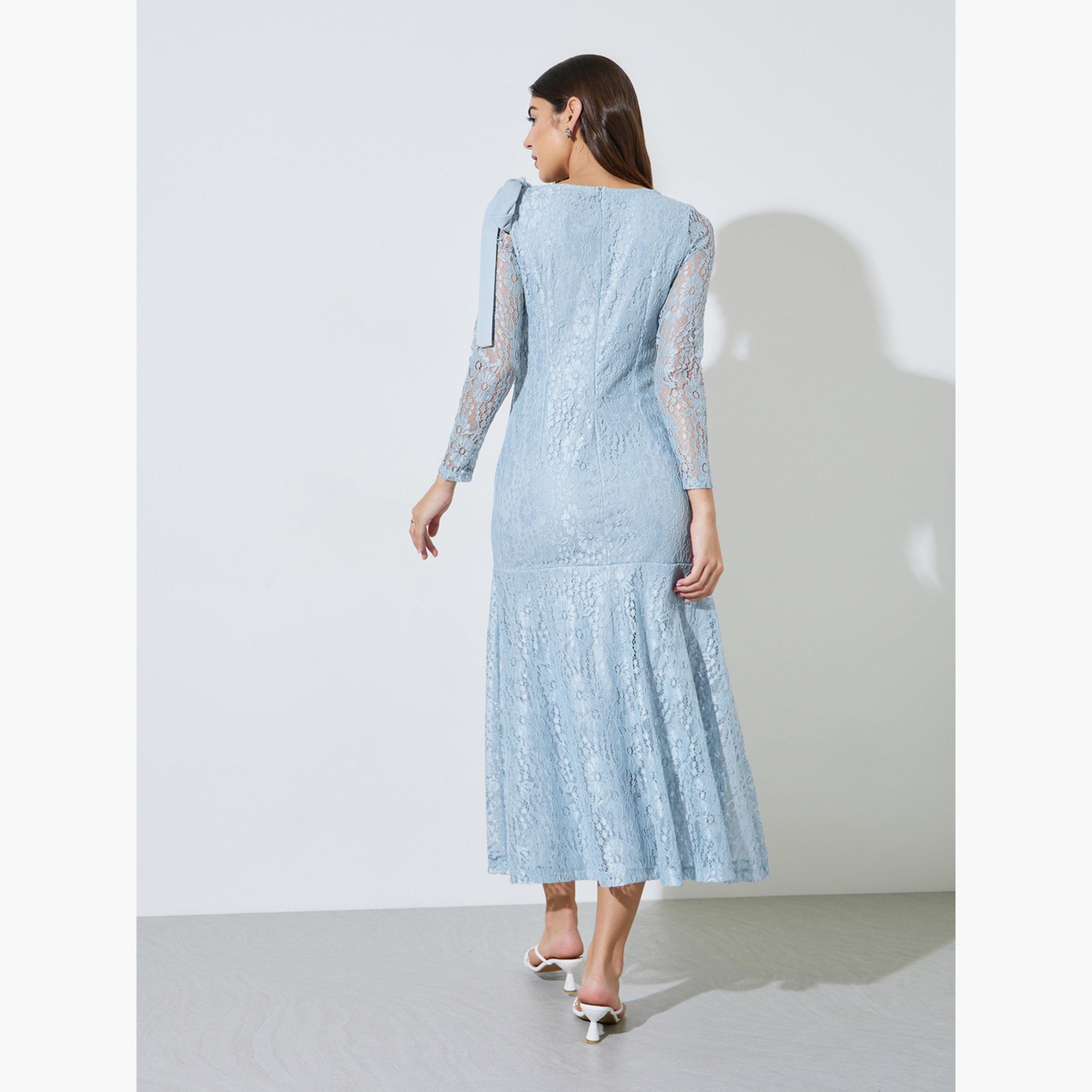 Styli Light Blue Lace Mermaid Hem Maxi Dress-women-clothing-dresses-image-4