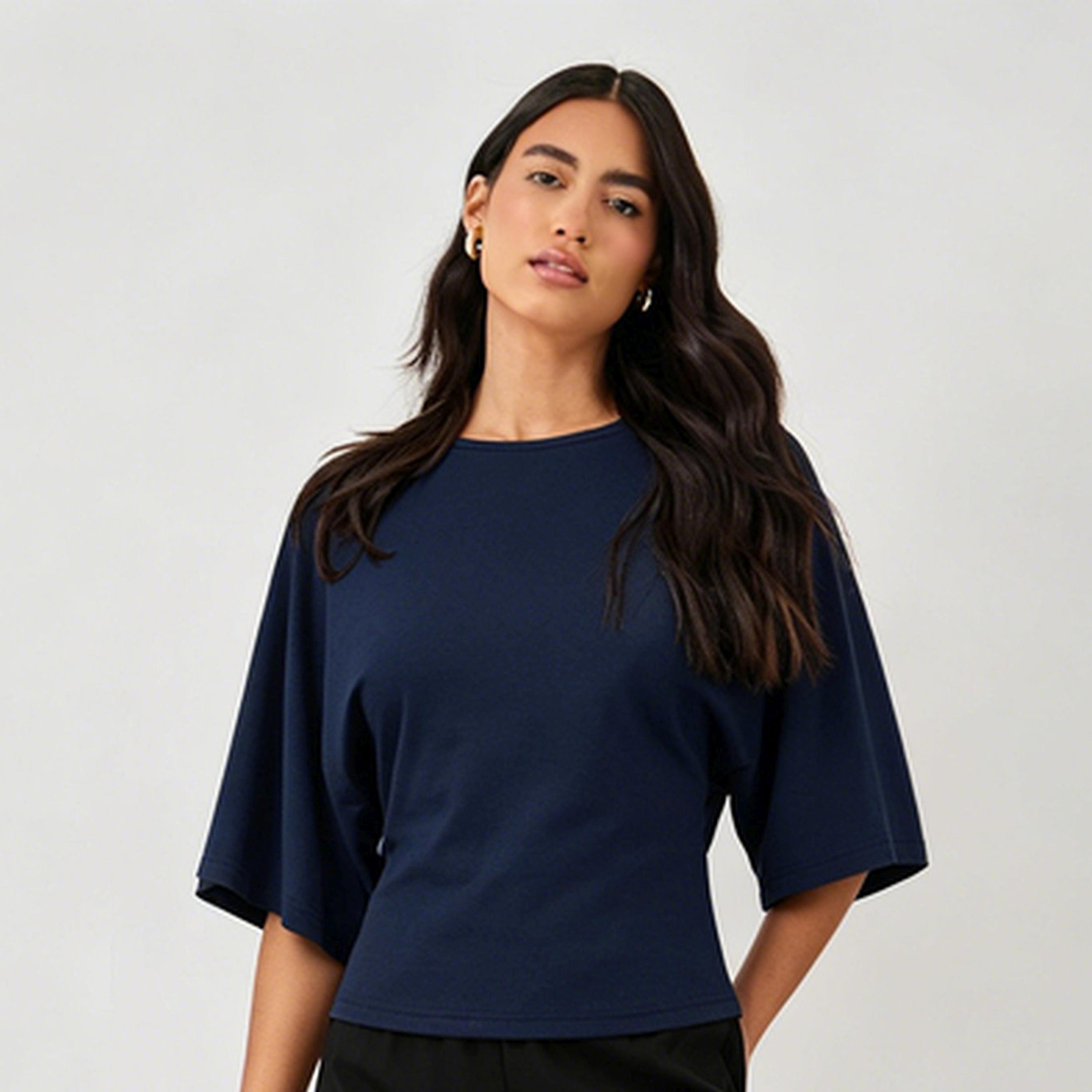 Take Two Navy Blue Cinched Waist Batwing Sleeve Top-women-clothing-shirtsandblouses-blouses-image-1