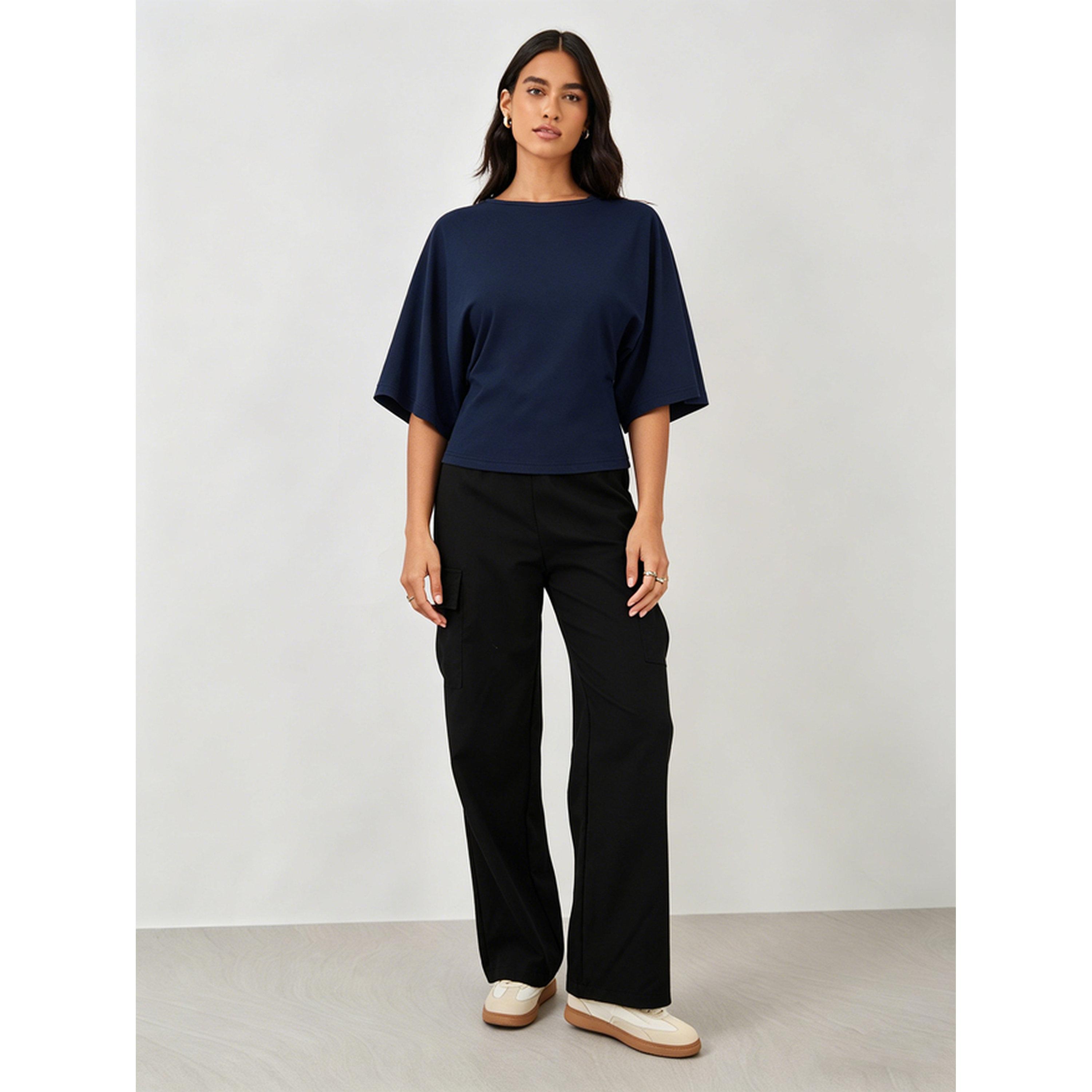 Take Two Navy Blue Cinched Waist Batwing Sleeve Top-women-clothing-shirtsandblouses-blouses-image-2