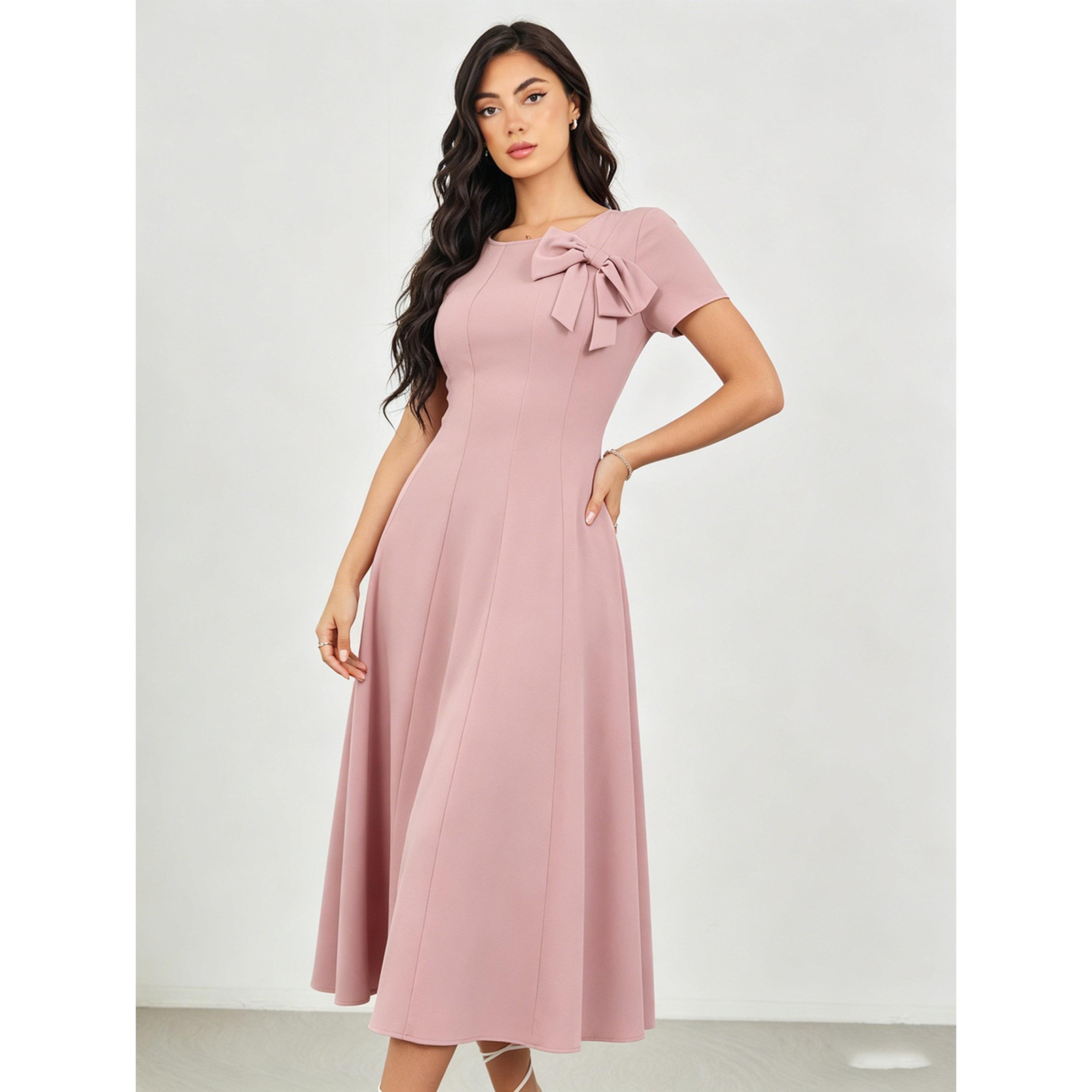 Take Two Blush Pink Bow Detail A-Line Midi Dress-women-clothing-dresses-image-1