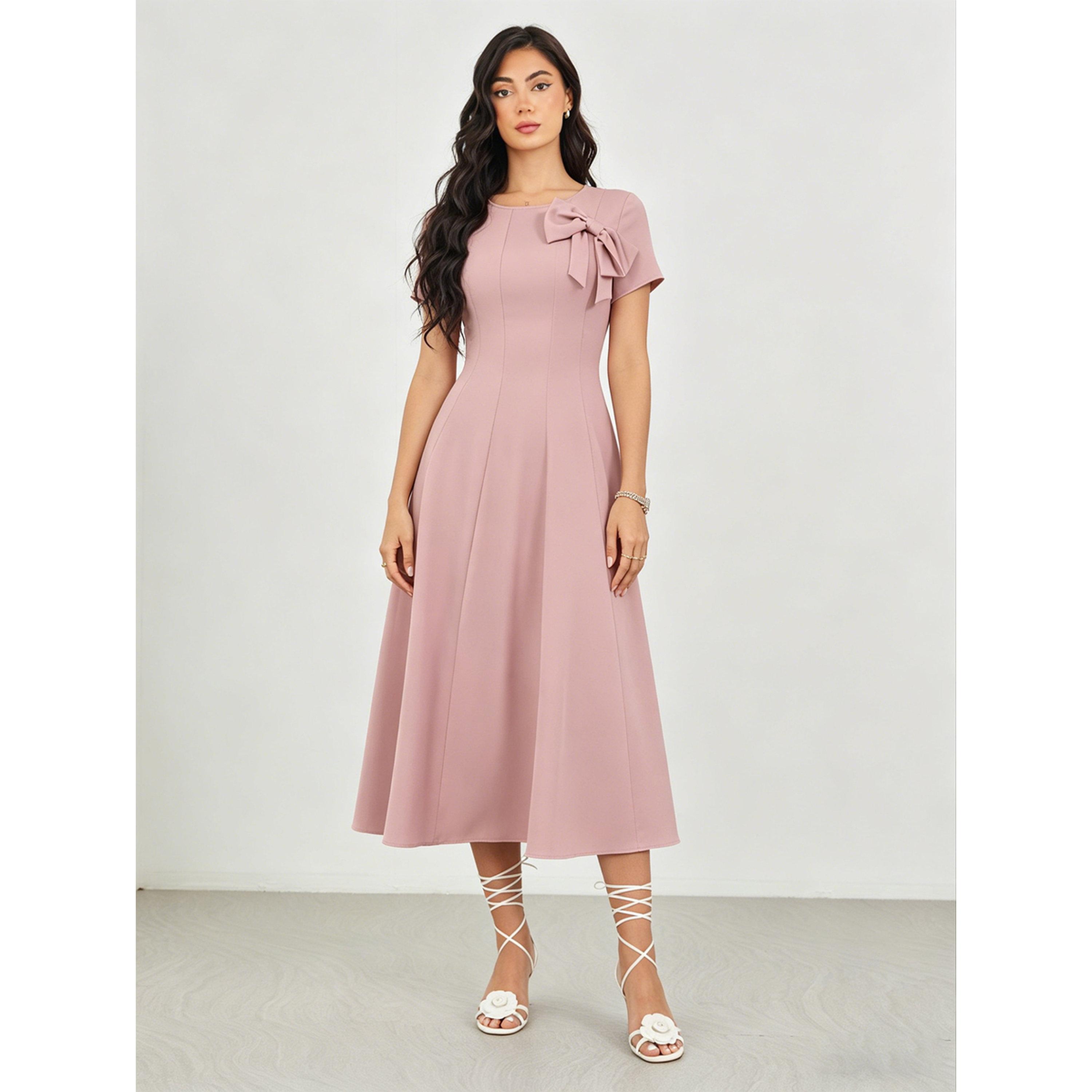 فستان ميدي متوسط الطول وردي فاتح بقصة راقية وتفاصيل فيونكة-women-clothing-dresses-image-2