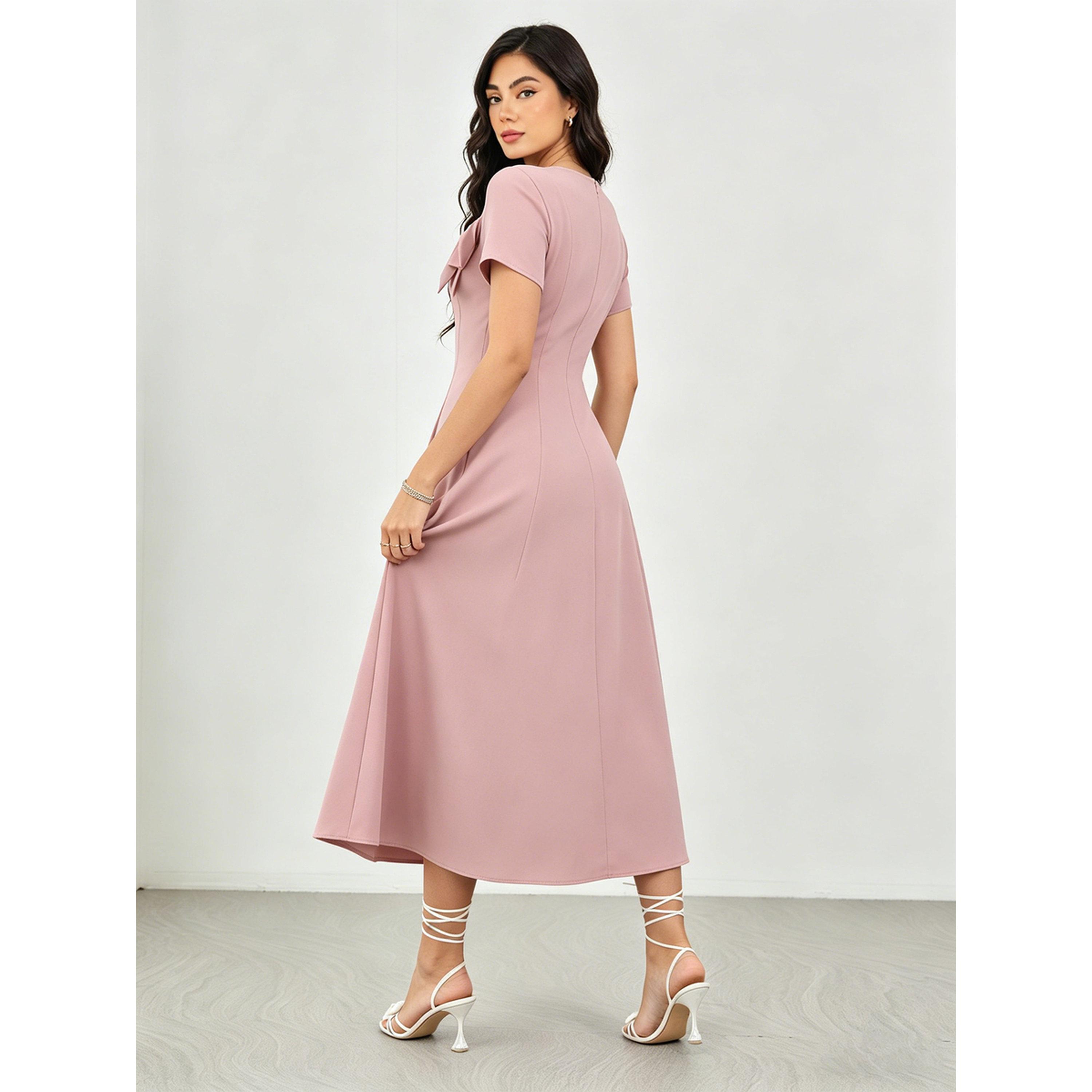 فستان ميدي متوسط الطول وردي فاتح بقصة راقية وتفاصيل فيونكة-women-clothing-dresses-image-4