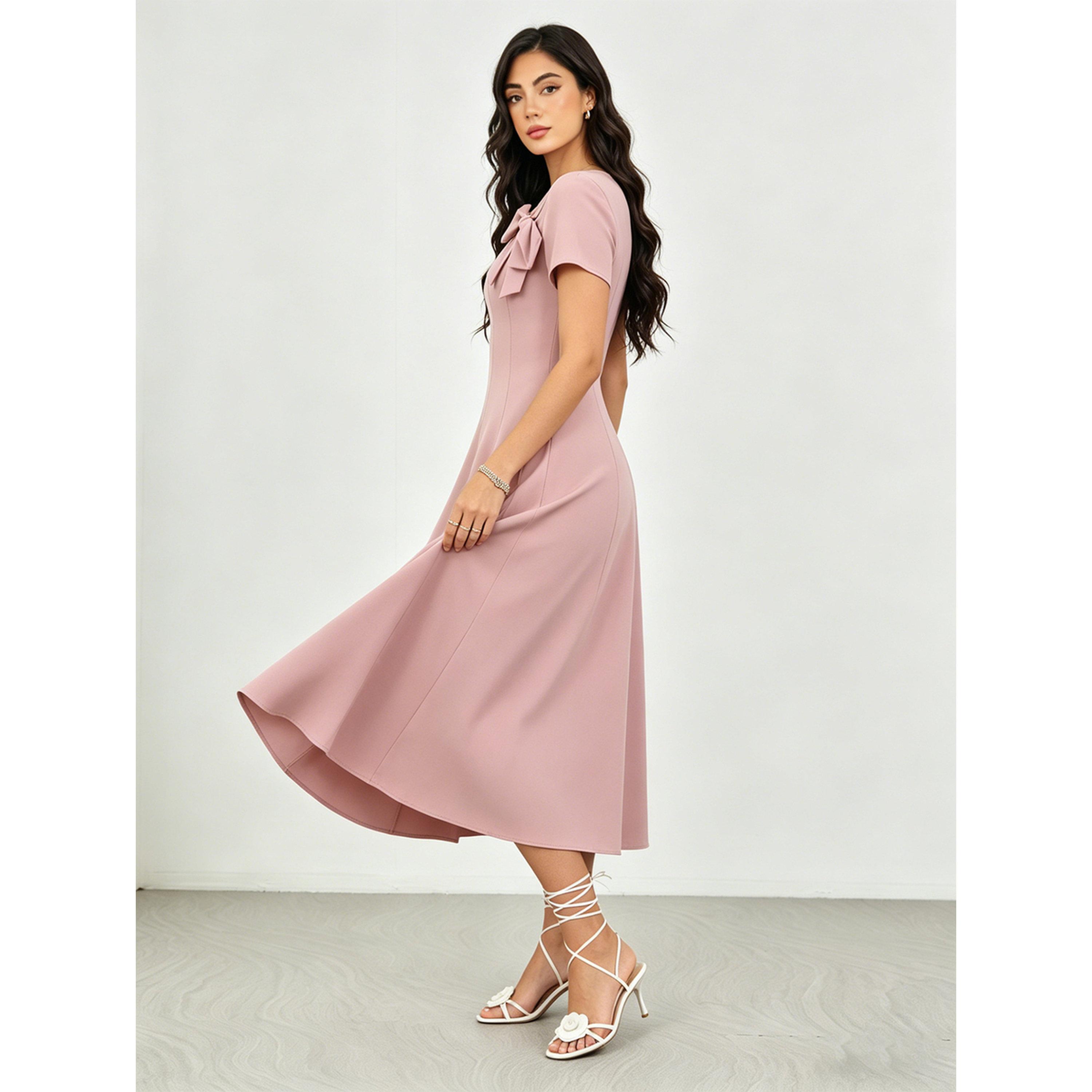 Take Two Blush Pink Bow Detail A-Line Midi Dress-women-clothing-dresses-image-5