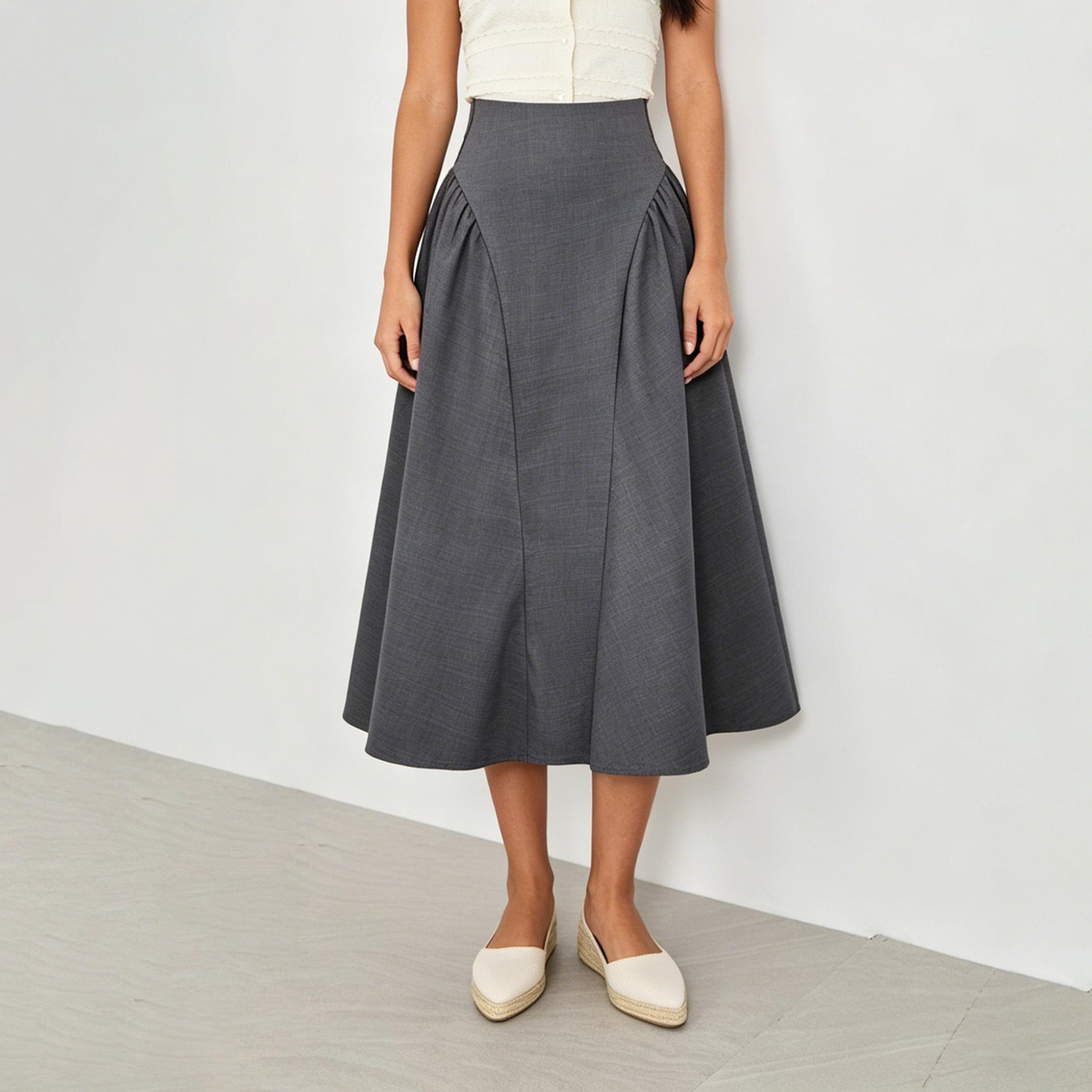 تنورة طويلة طويلة رمادية بلون سادة-women-clothing-skirts-image-1
