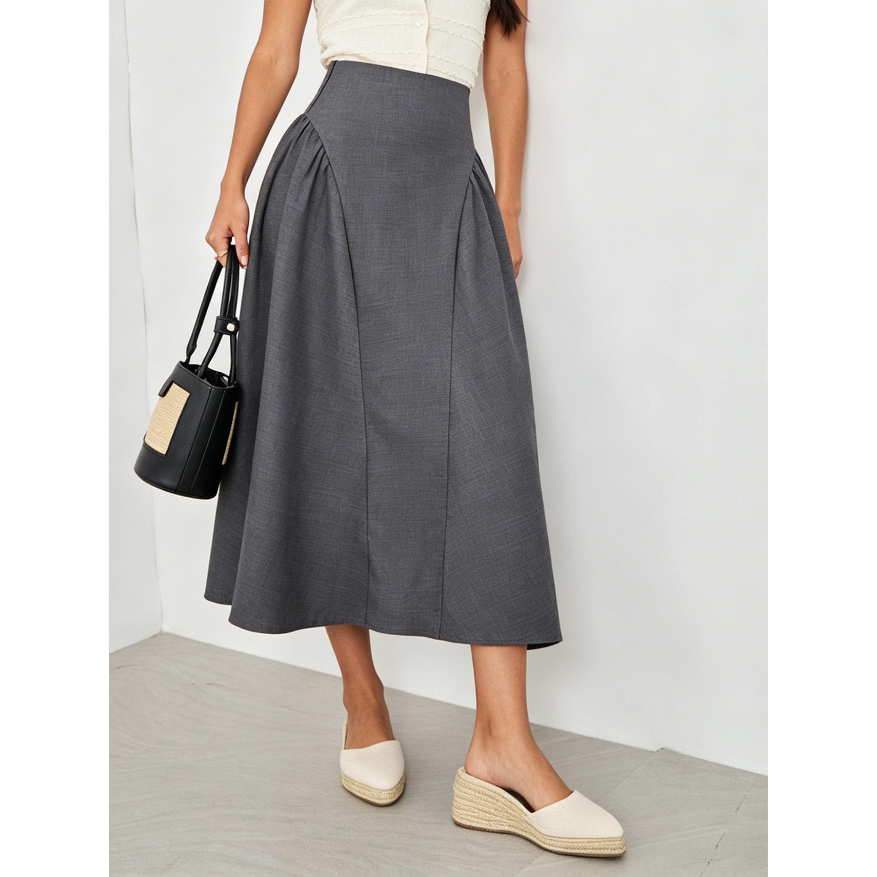 تنورة طويلة طويلة رمادية بلون سادة-women-clothing-skirts-image-2