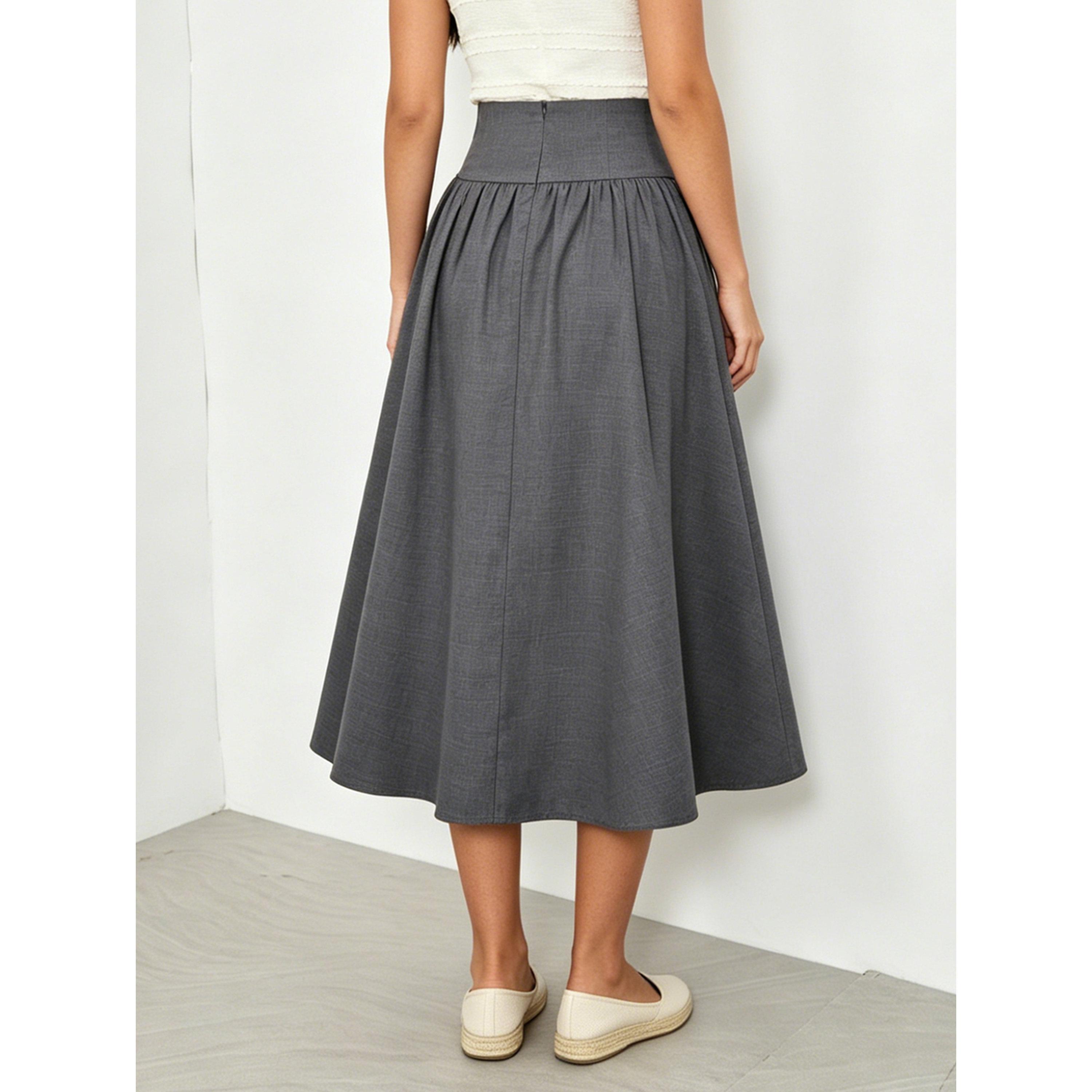 تنورة طويلة طويلة رمادية بلون سادة-women-clothing-skirts-image-4