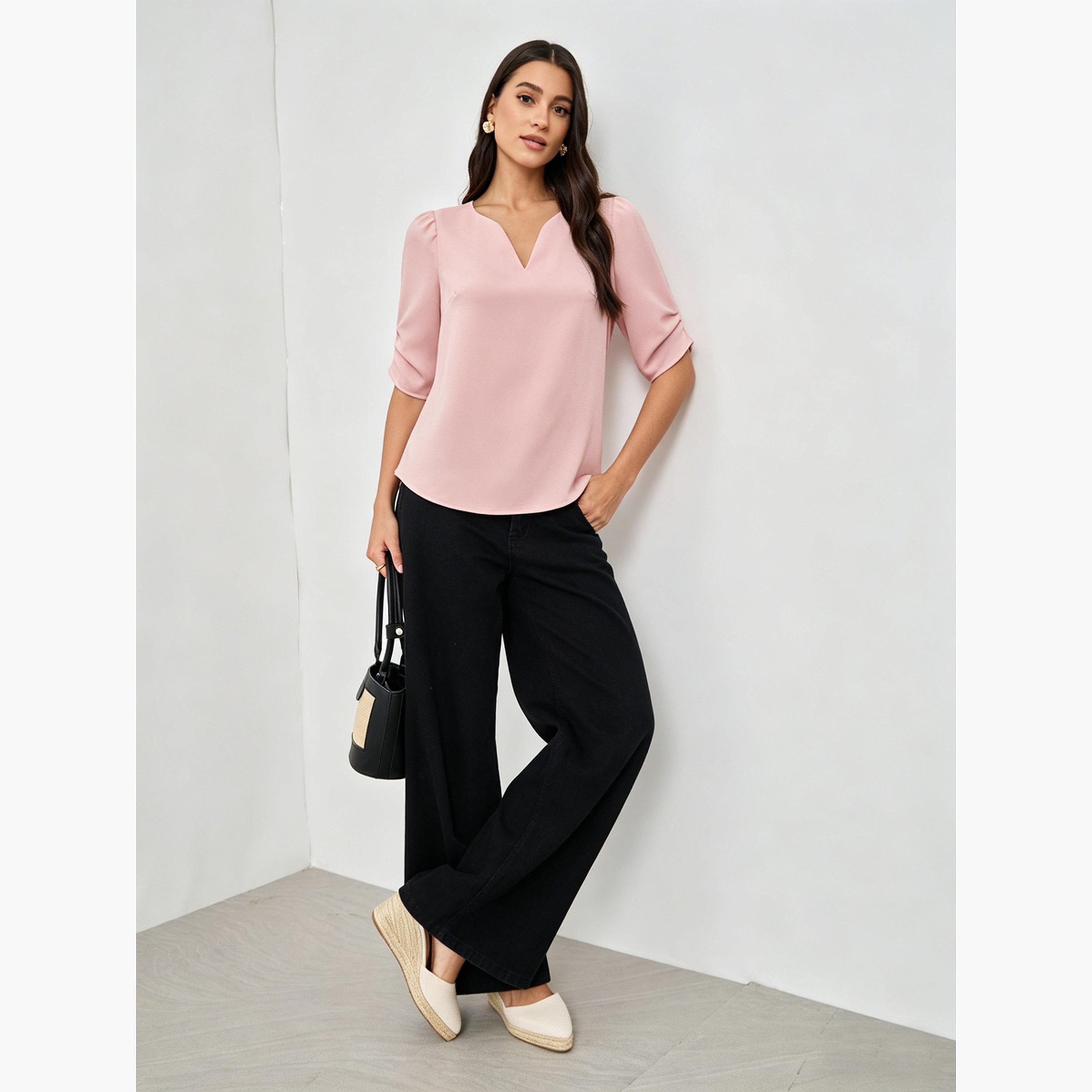 Take Two Light Pink Notch Neck Casual Blouse-women-clothing-shirtsandblouses-blouses-image-3