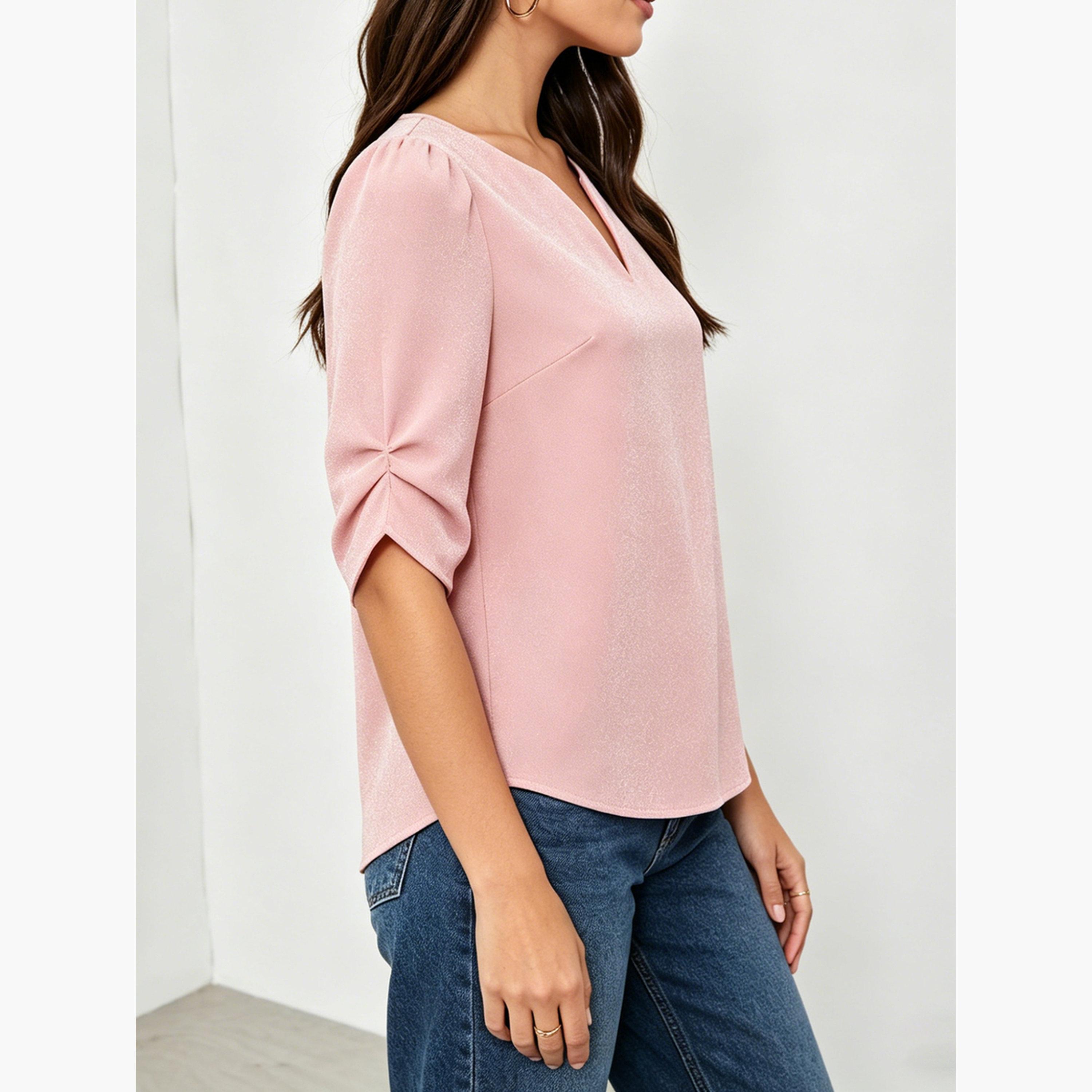 Take Two Light Pink Notch Neck Casual Blouse-women-clothing-shirtsandblouses-blouses-image-4