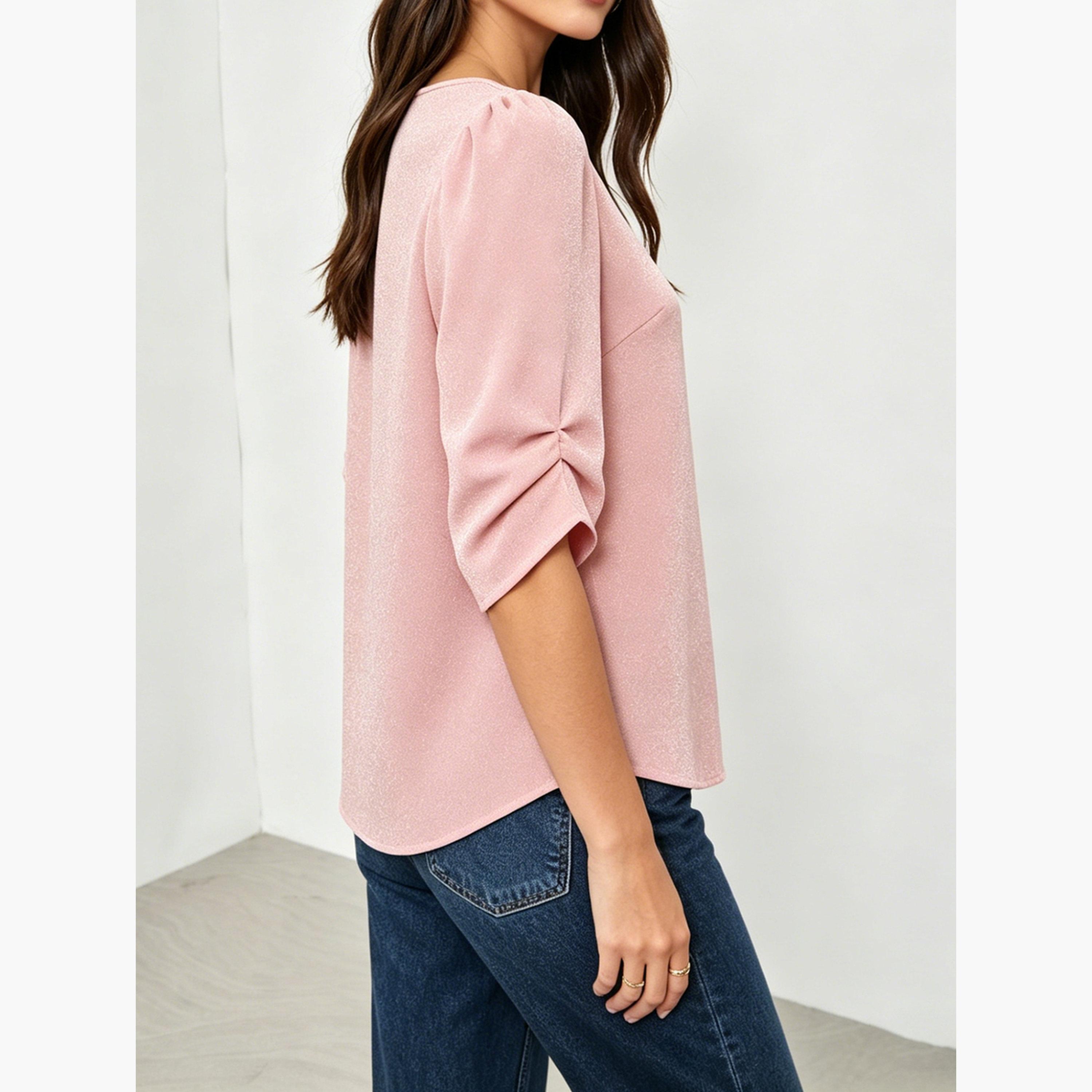 Take Two Light Pink Notch Neck Casual Blouse-women-clothing-shirtsandblouses-blouses-image-5