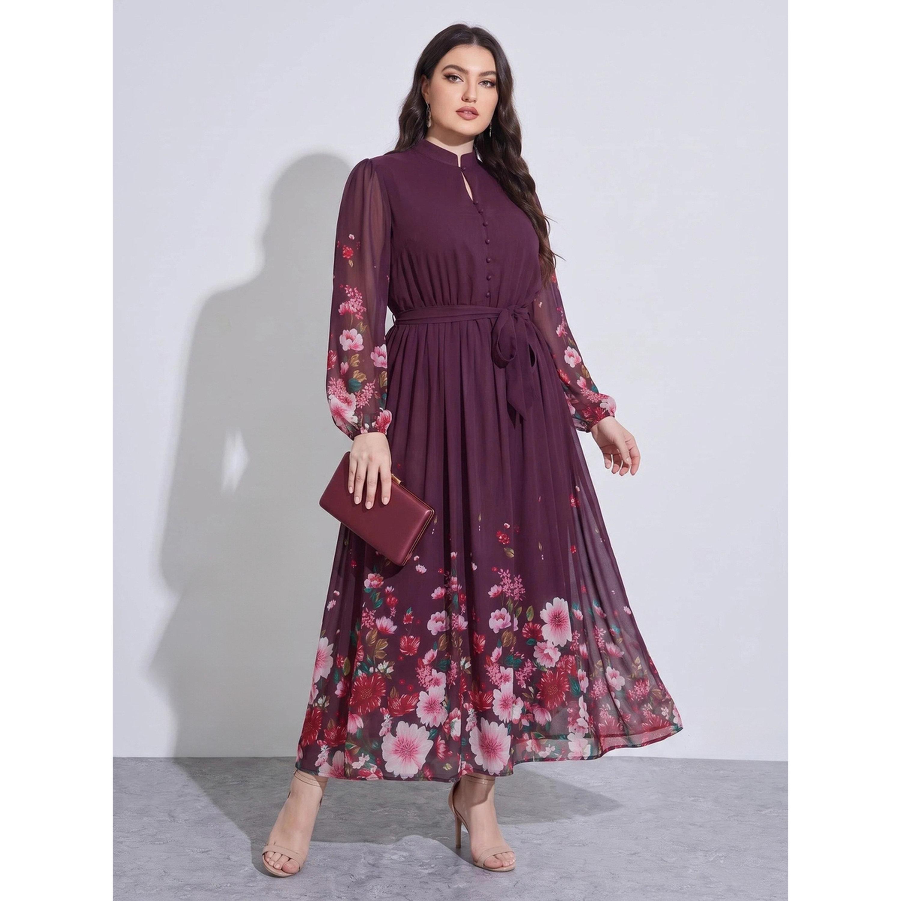 ستايلي - فستان ماكسي تصميم A متعدد الألوان نقشة زهور مقاس كبير رباط عند الخصر-women-clothing-dresses-image-1