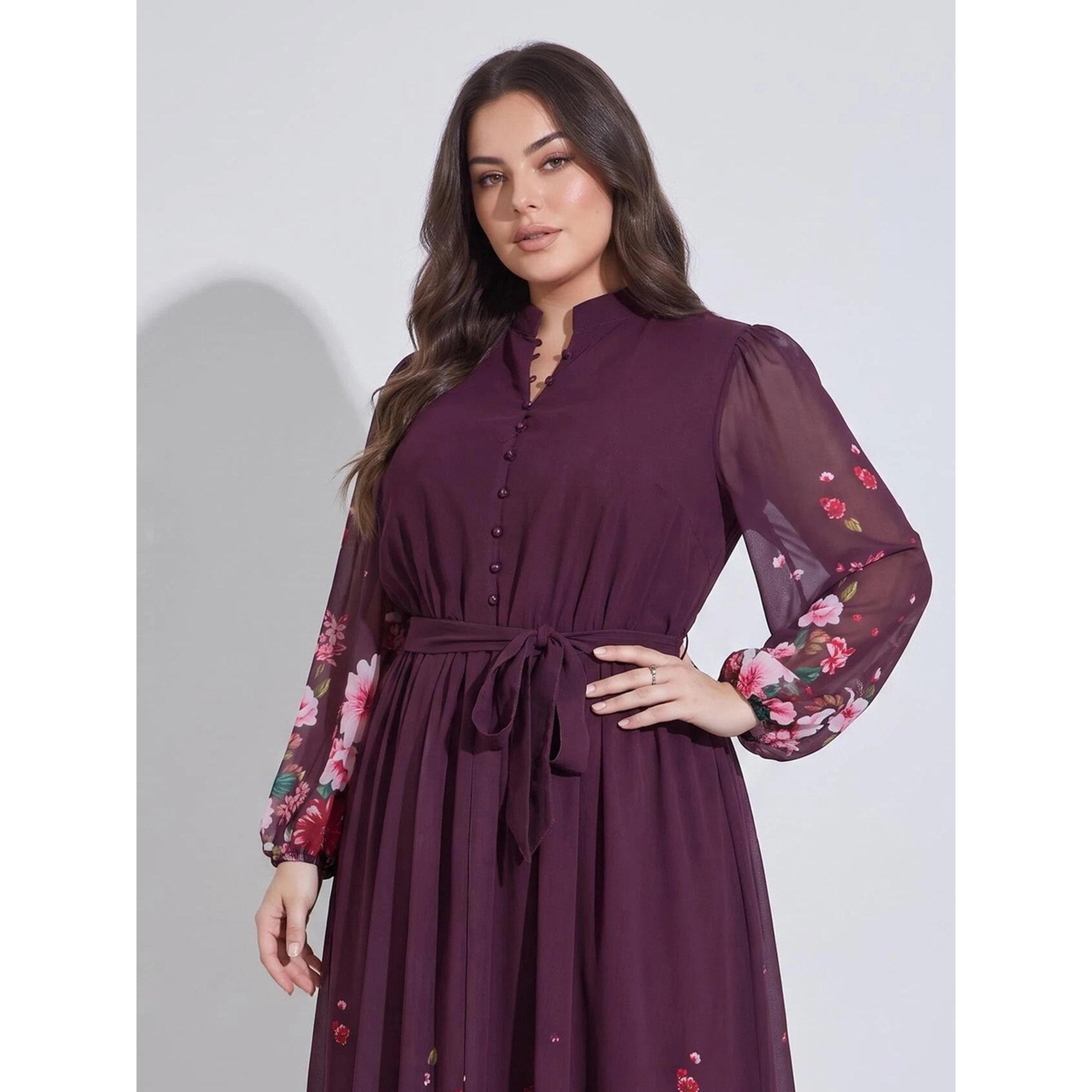 ستايلي - فستان ماكسي تصميم A متعدد الألوان نقشة زهور مقاس كبير رباط عند الخصر-women-clothing-dresses-image-2