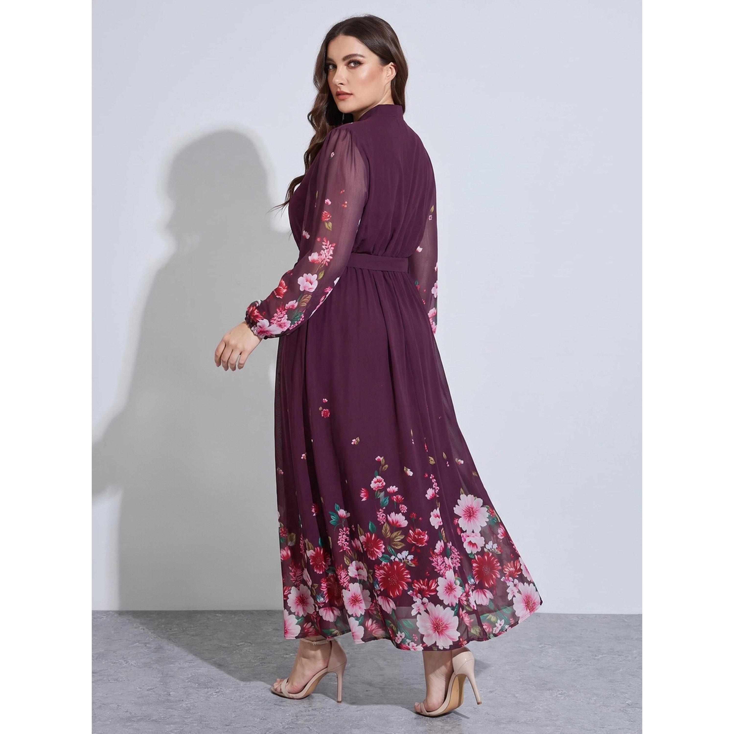 ستايلي - فستان ماكسي تصميم A متعدد الألوان نقشة زهور مقاس كبير رباط عند الخصر-women-clothing-dresses-image-3