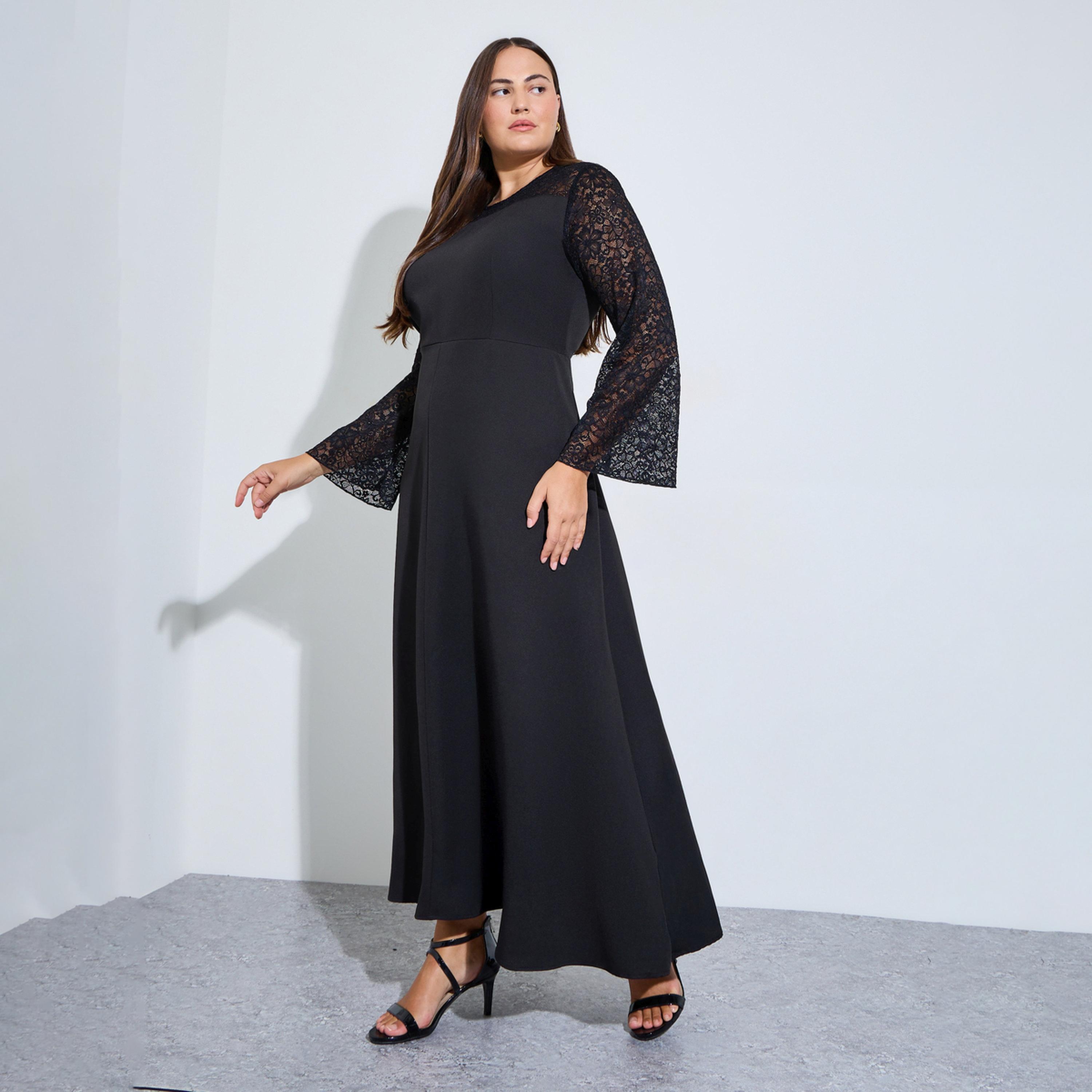 Styli Plus Size Black Lace Sleeves A-Line Maxi Dress-women-clothing-dresses-image-1